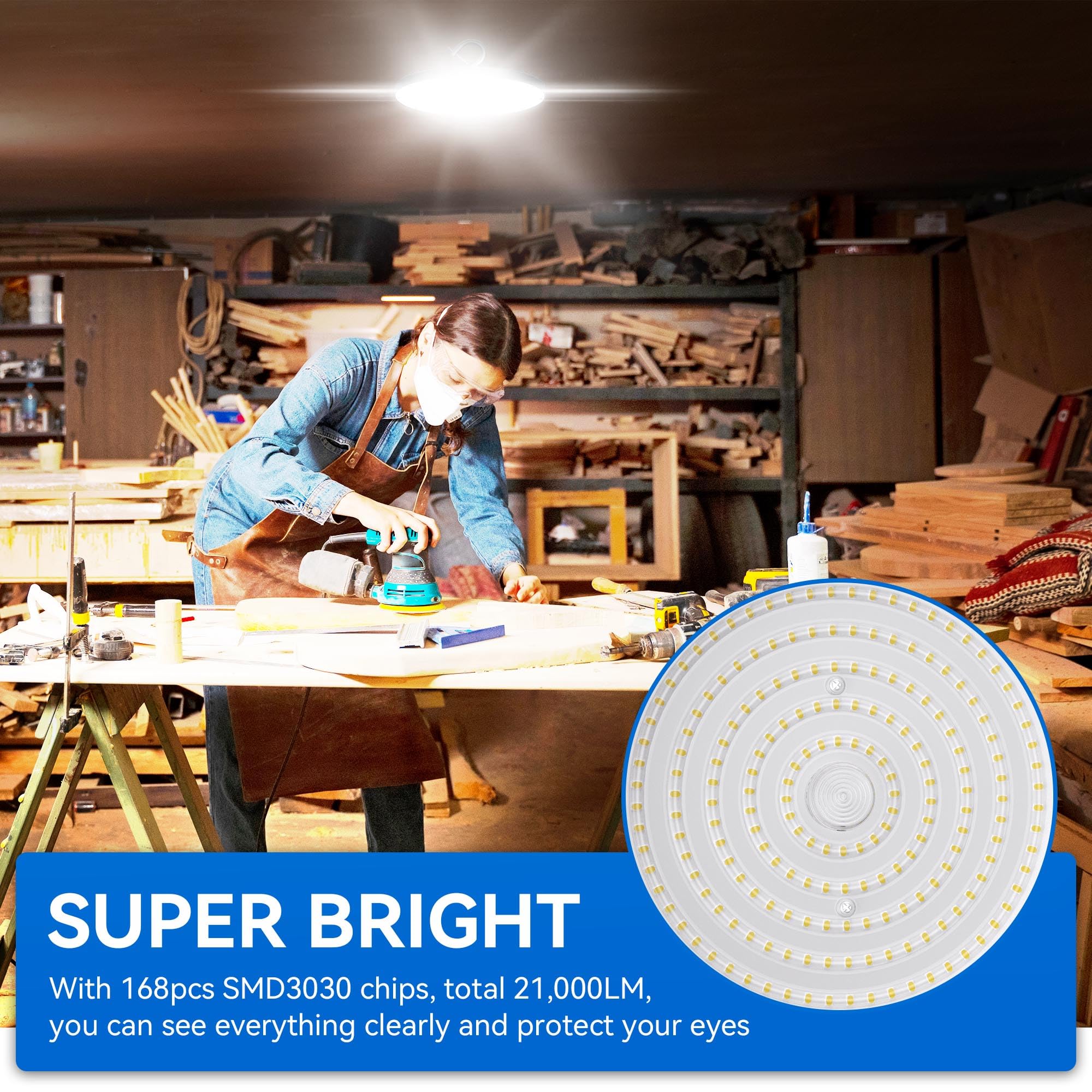 10 Pack UFO LED High Bay Light 150W, 21000 Lumens, 5000K Daylight White - Commercial & Industrial LED Shop Lights with US Plug for Warehouse, Workshop, Factory, Barn - Energy Efficient Plug & Play Lighting for High Ceiling Spaces