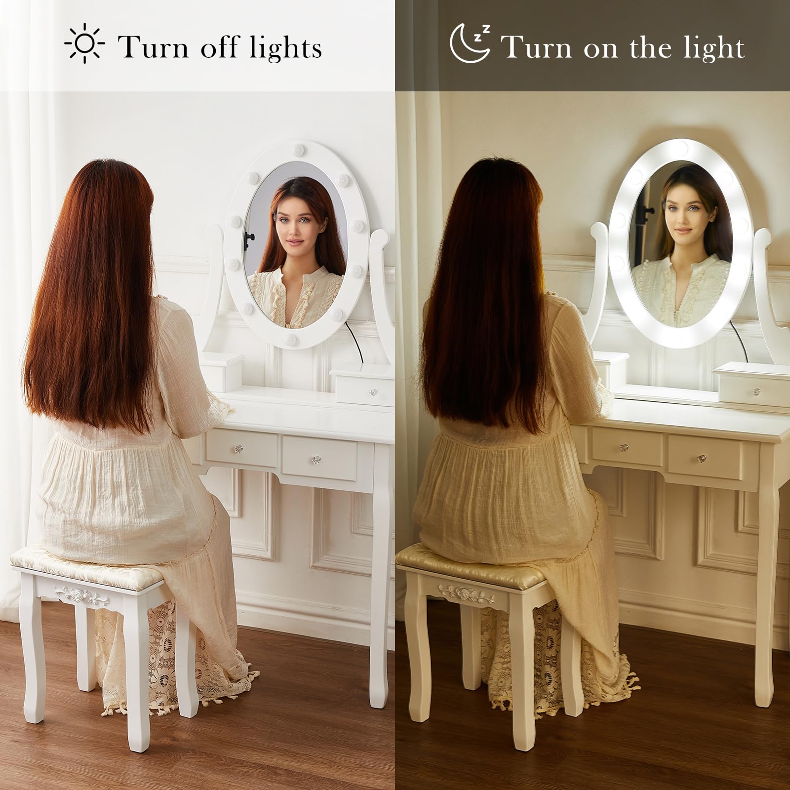 Makeup Vanity with Lights - Vintage Vanity Set with 5 Drawers, Mirror & Adjustable LED Lights - White Vanity Desk with Matching Chair - Perfect for Bedroom, Dressing Room & Beauty Salon