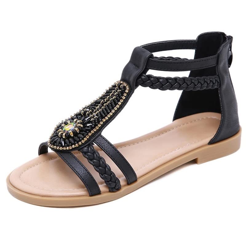 Women's Ethnic Style JrenBox Sandals - Comfortable Summer Beach Shoes, Roman Fashion Sandals for Ladies (Black, Size 10) | Perfect for Vacation, Walking & Outdoor Activities