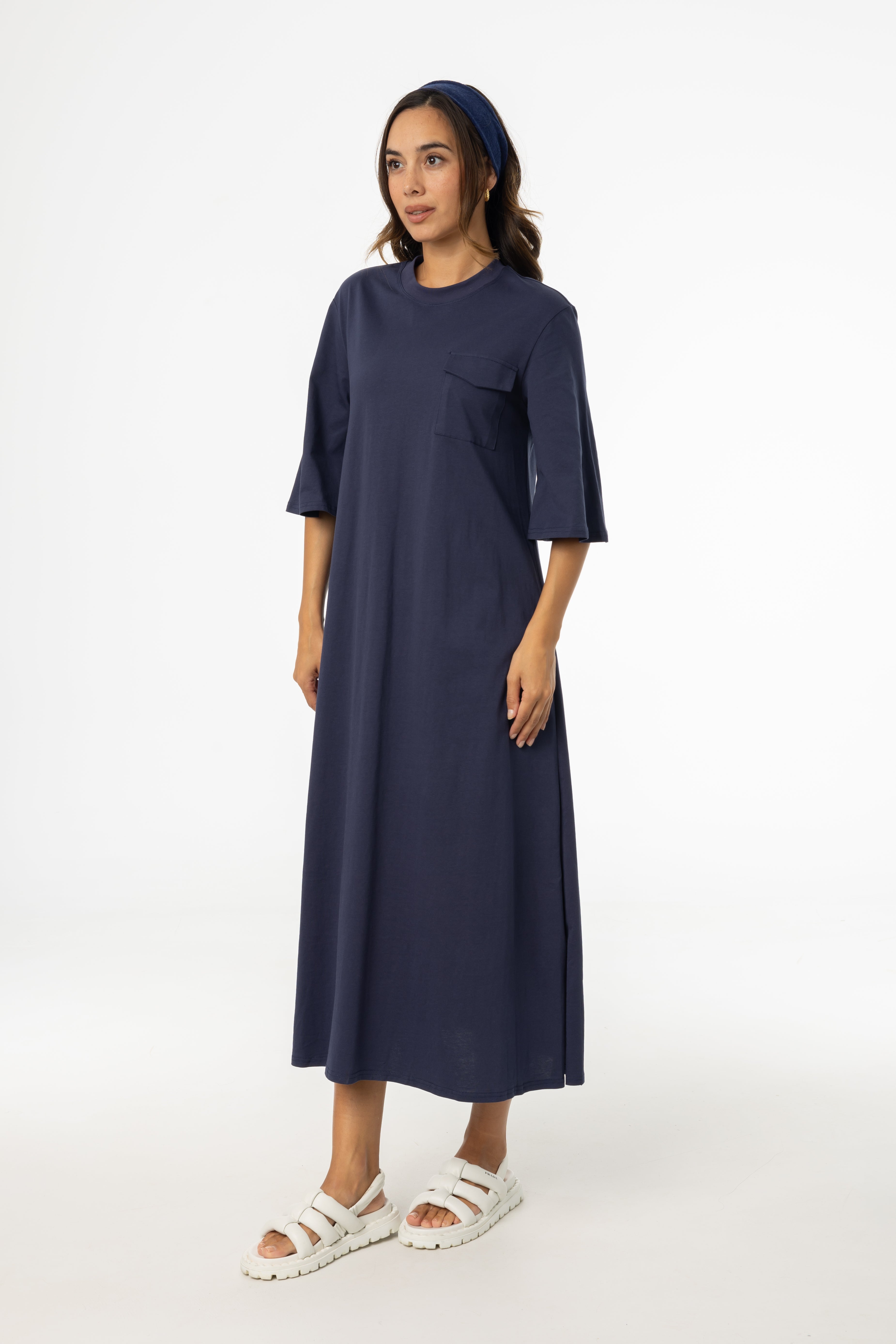 Navy Blue Pocket T-Shirt Maxi Dress for Women - Casual Summer Long Sleeve Flowy Dress for Beach, Travel, and Everyday Wear