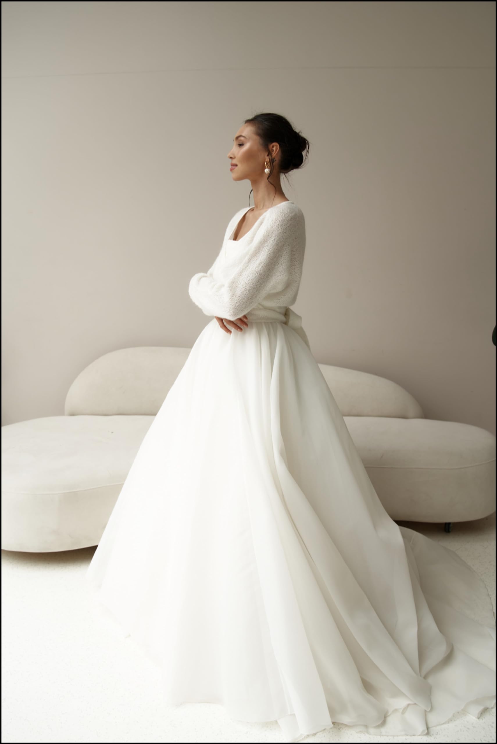 Elegant Ivory Bridal Cardigan with Ties - Cozy Wedding Dress Wrap Sweater for Bride, Chic Knitwear for Bridal Party, Engagement & Outdoor Ceremony (Size S)