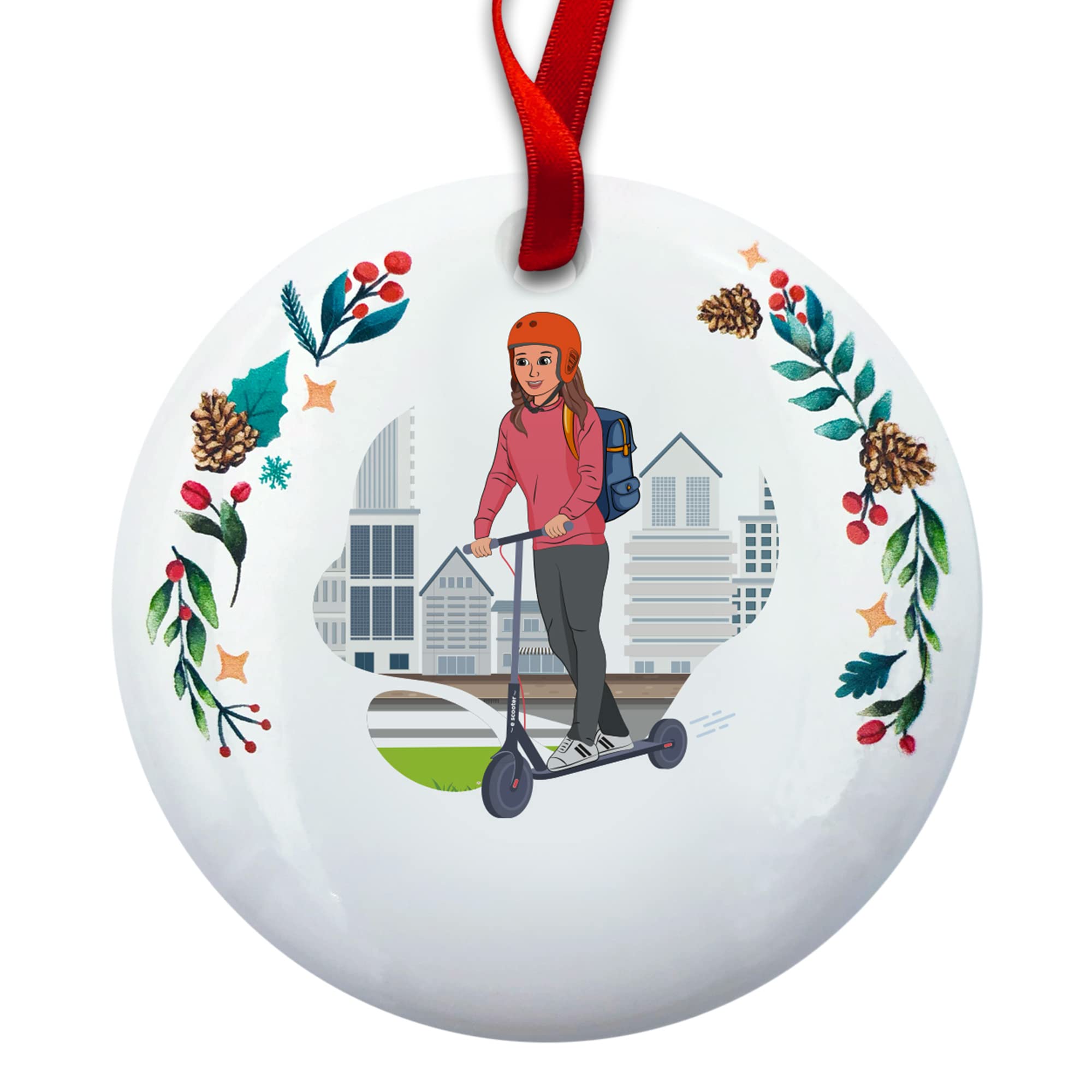 Custom Brunette Girl Electric Scooter Christmas Ornament - Perfect for Holiday Tree Decorations & Gift Giving