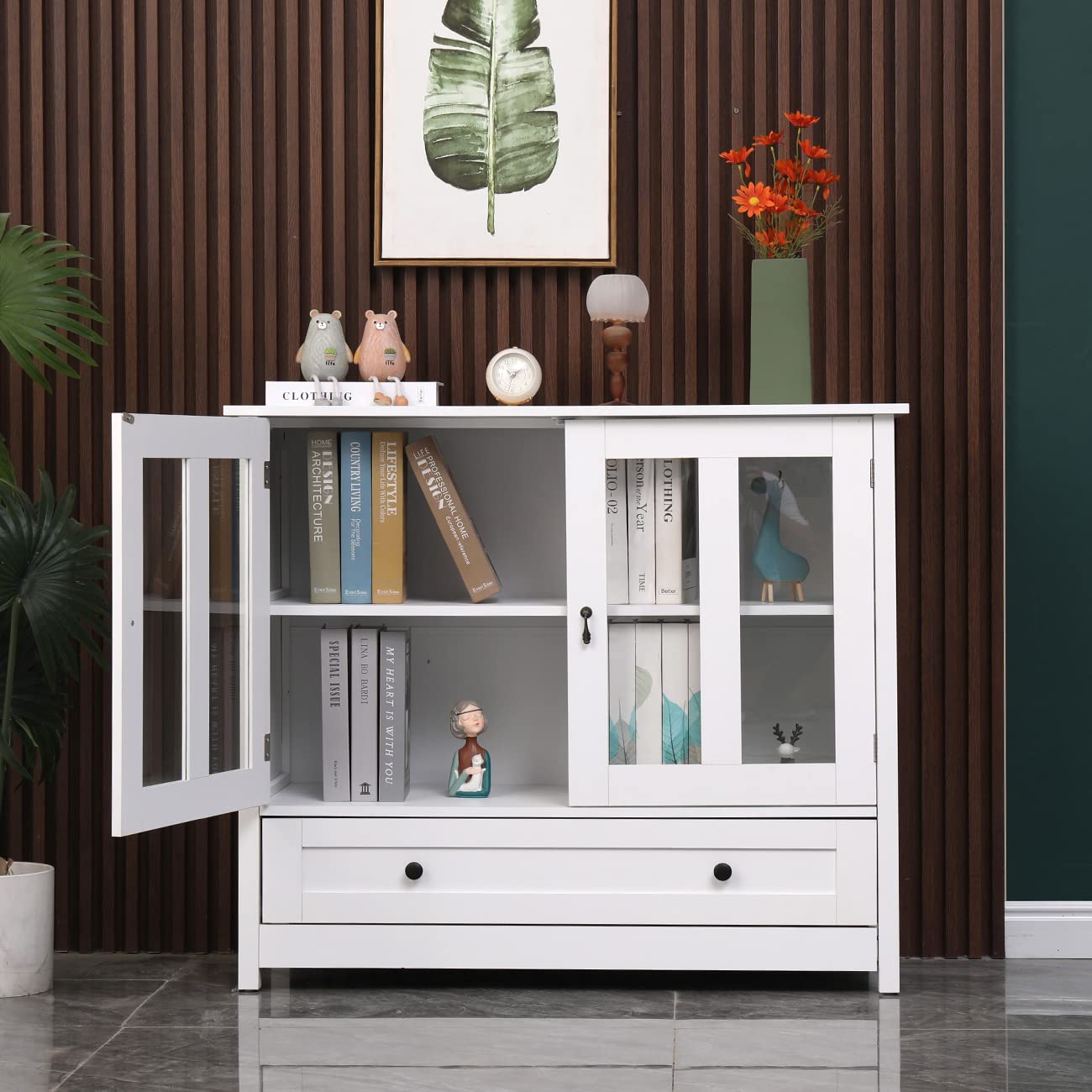 White Buffet Cabinet with Glass Doors & Drawers - Large Storage Sideboard for Dining Room, Living Room & Entryway - Wooden Credenza Console Table with Shelves - Perfect for Kitchen Storage, Pantry Organization & Home Decor Display