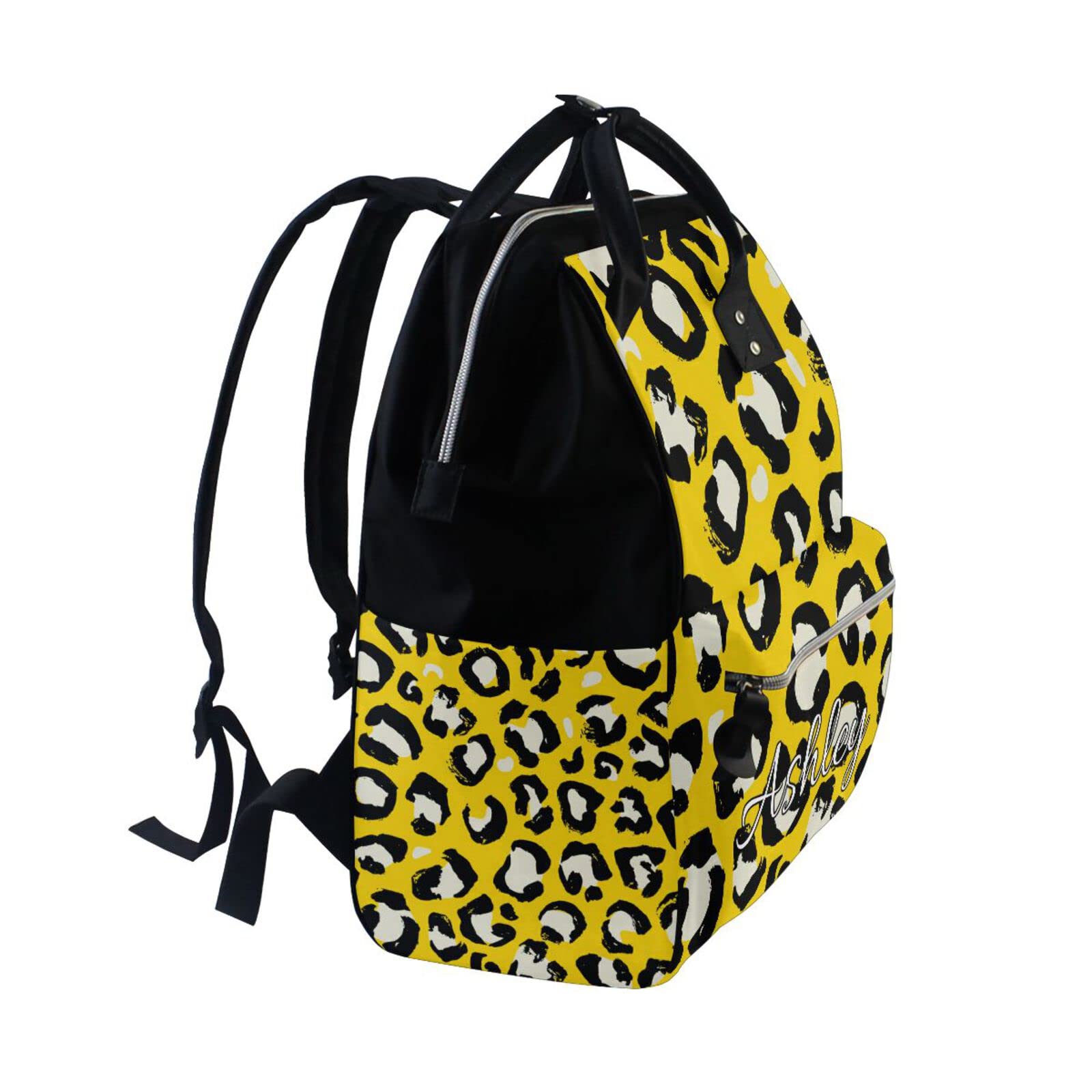 **MCHIVER Personalized Diaper Backpack for Moms - Custom Name Yellow Leopard Print Baby Changing Bag, Travel & Nursing Essentials Organizer - Perfect for Daycare, Outings & Hospital Visits**