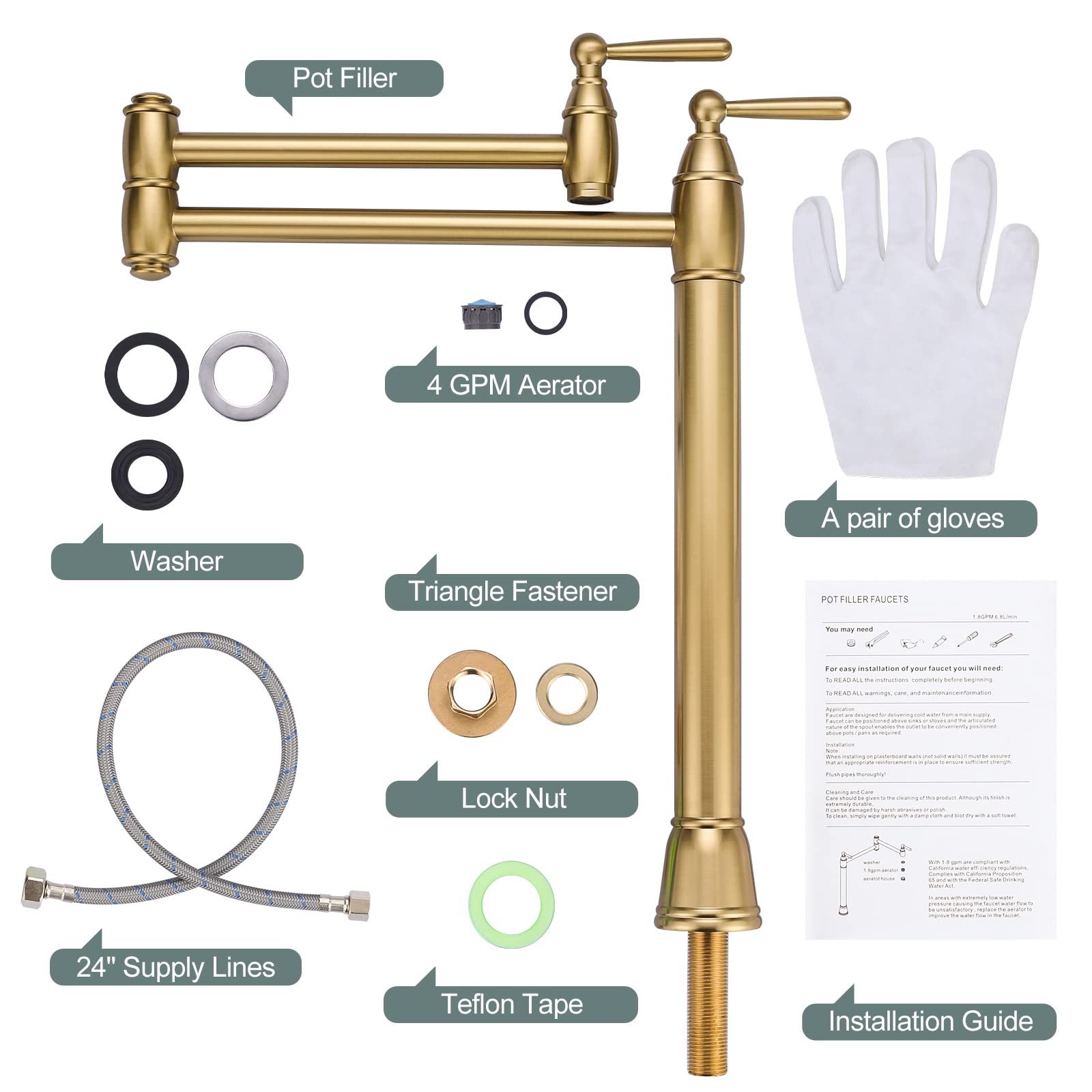 ARCORA Brushed Gold Pot Filler Faucet - Solid Brass Deck Mount Stove Faucet with Stretchable Double Joint Swing Arms | Perfect for Kitchen, Outdoor BBQ & RV Cooking