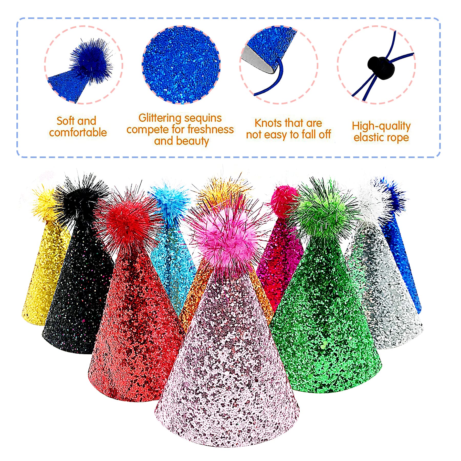 Colorful Glitter Party Hats with Pom Poms - Kids & Adults Birthday Celebration Hats for Halloween, Christmas, New Year & Holiday Parties - Perfect for Birthday Bash, Carnival & Festive Events