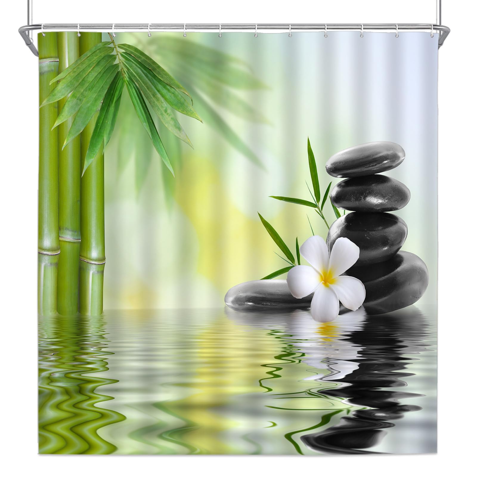 Zen Garden Shower Curtain Set - Spa Green Bamboo & Black Stone Design with White Flowers | 70x70 Inch Machine Washable Polyester Fabric with Hooks | Perfect for Bathroom Decor, Relaxing Spa Atmosphere & Asian-Inspired Home Décor