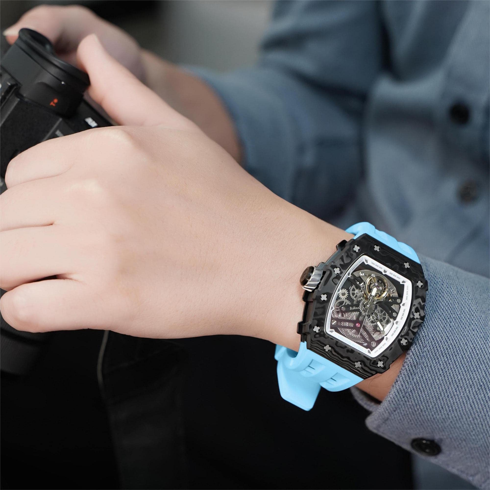 TSAR BOMBA Luxury Men's Watch - 50M Waterproof Tonneau Chronograph with Silicone Band & Mechanical Movement - Perfect for Business, Casual Wear & Gifts for Men
