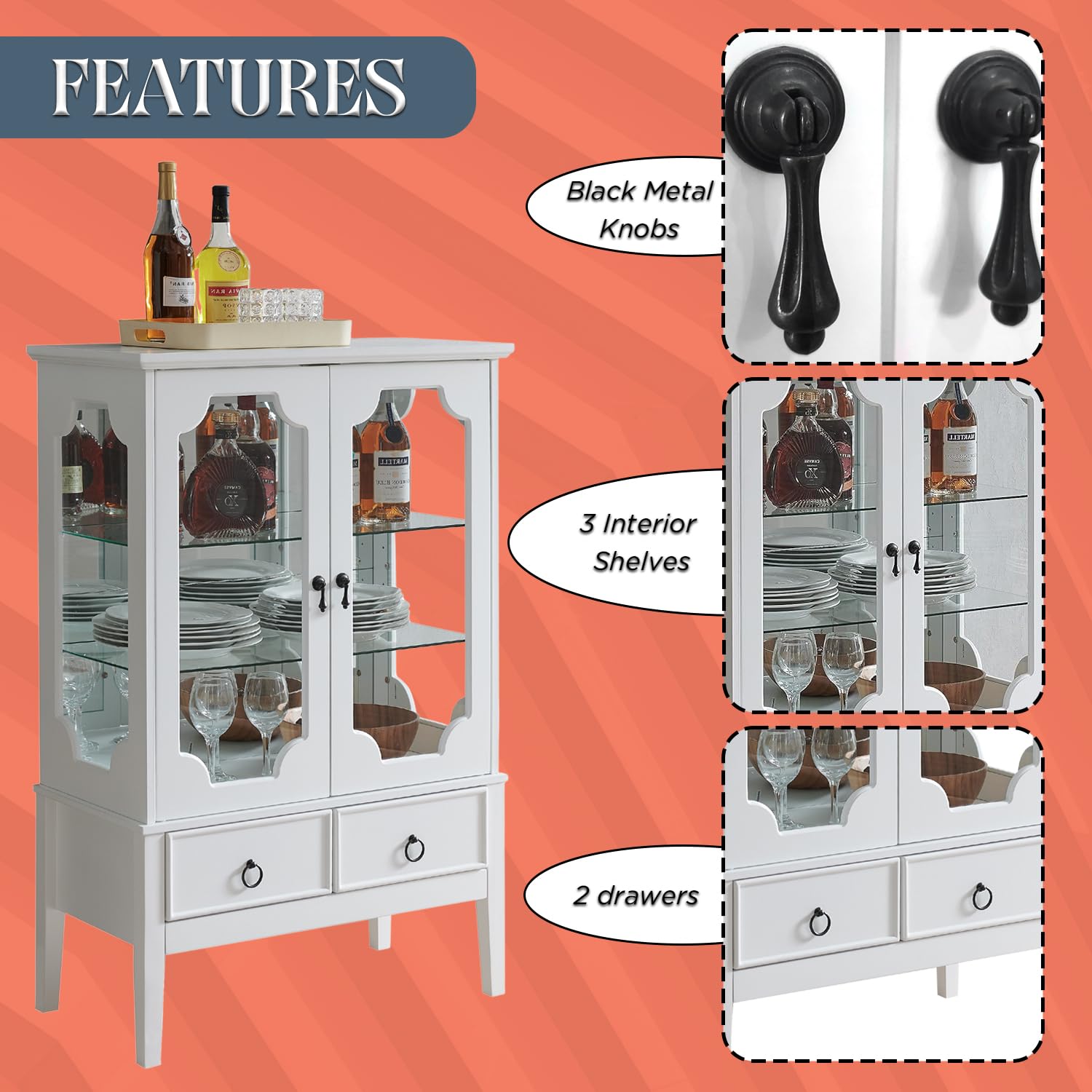 Kings Brand Furniture - White Curio Accent Storage Cabinet with Glass Shelves, Doors & Drawers - Sideboard Buffet Display Cabinet for Living Room, Dining Room & Kitchen - Perfect for Showcasing Collectibles, Storing China & Entertaining Guests