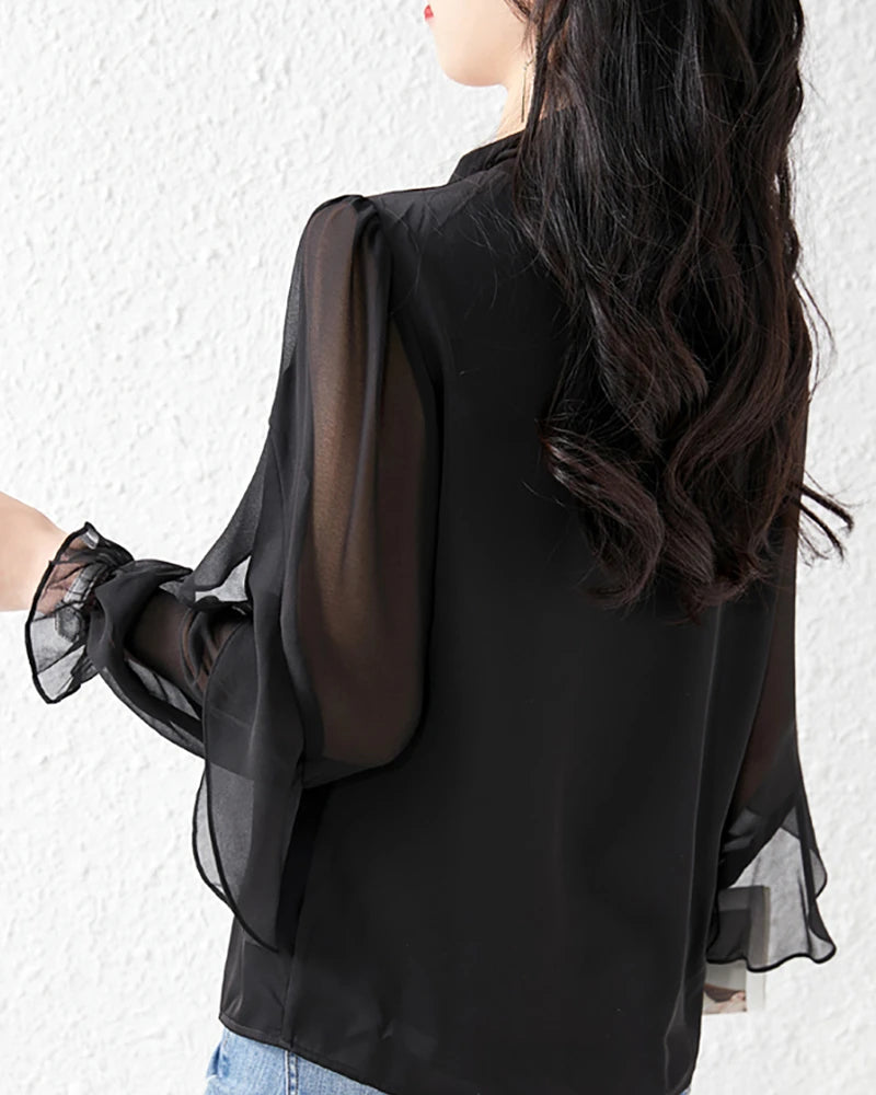 Elegant Silk Chiffon Ruffle Sleeve Blouse for Women - Flowy Boho Chic Top for Casual Wear, Office & Date Night Outfits