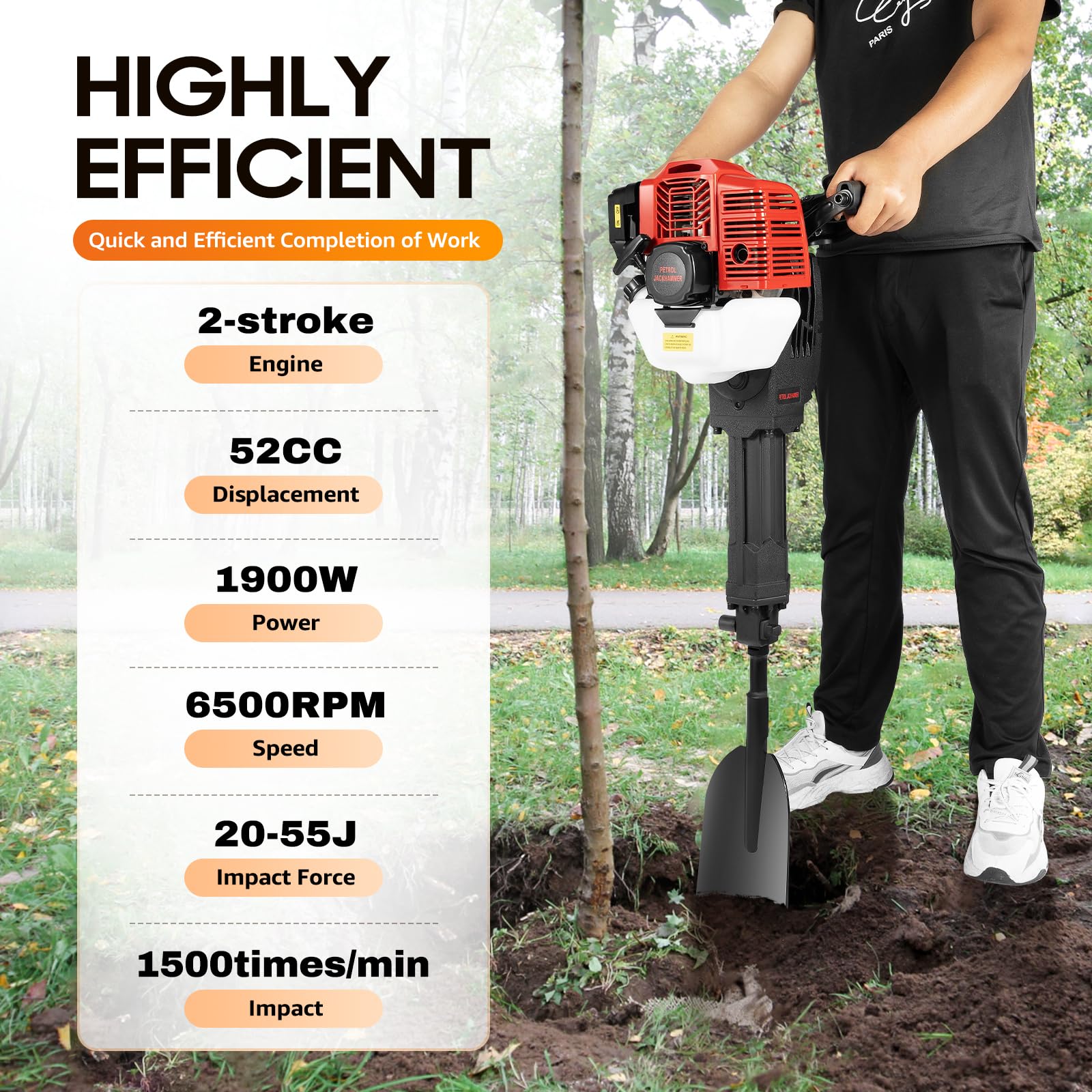 52CC 2-Stroke Gasoline Trench Digger Machine - Portable Trencher for Tree Planting, Excavating & Rock Drilling | Heavy Duty Digging Shovel Kit for Landscaping, Gardening & Farming Projects