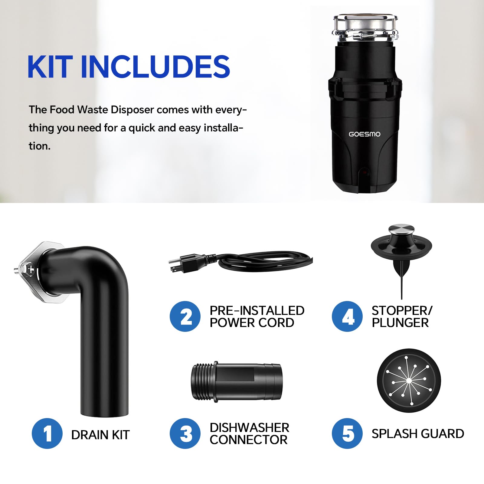 1/2 HP Garbage Disposal for Kitchen Sink - 3 Bolt Mount Grinding System with Power Cord, Splash Guard & Drain Kit | Badger Waste Disposal Unit | Perfect for Home Kitchen Waste Management & Dishwasher Connection