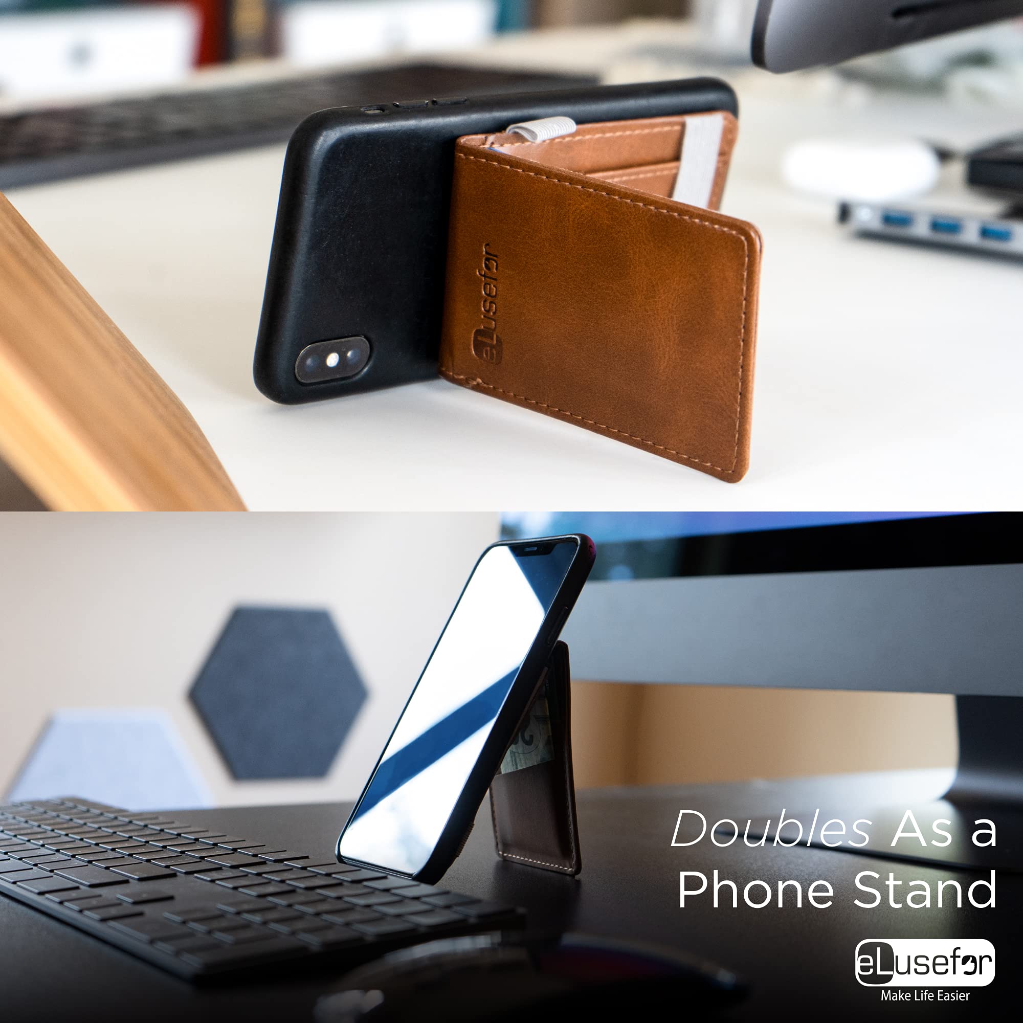 Stick-On Phone Wallet & Card Holder for iPhone & Android - Slim RFID Blocking Leather Case - Saddle Brown | Perfect for Hands-Free Shopping, Travel & Everyday Use