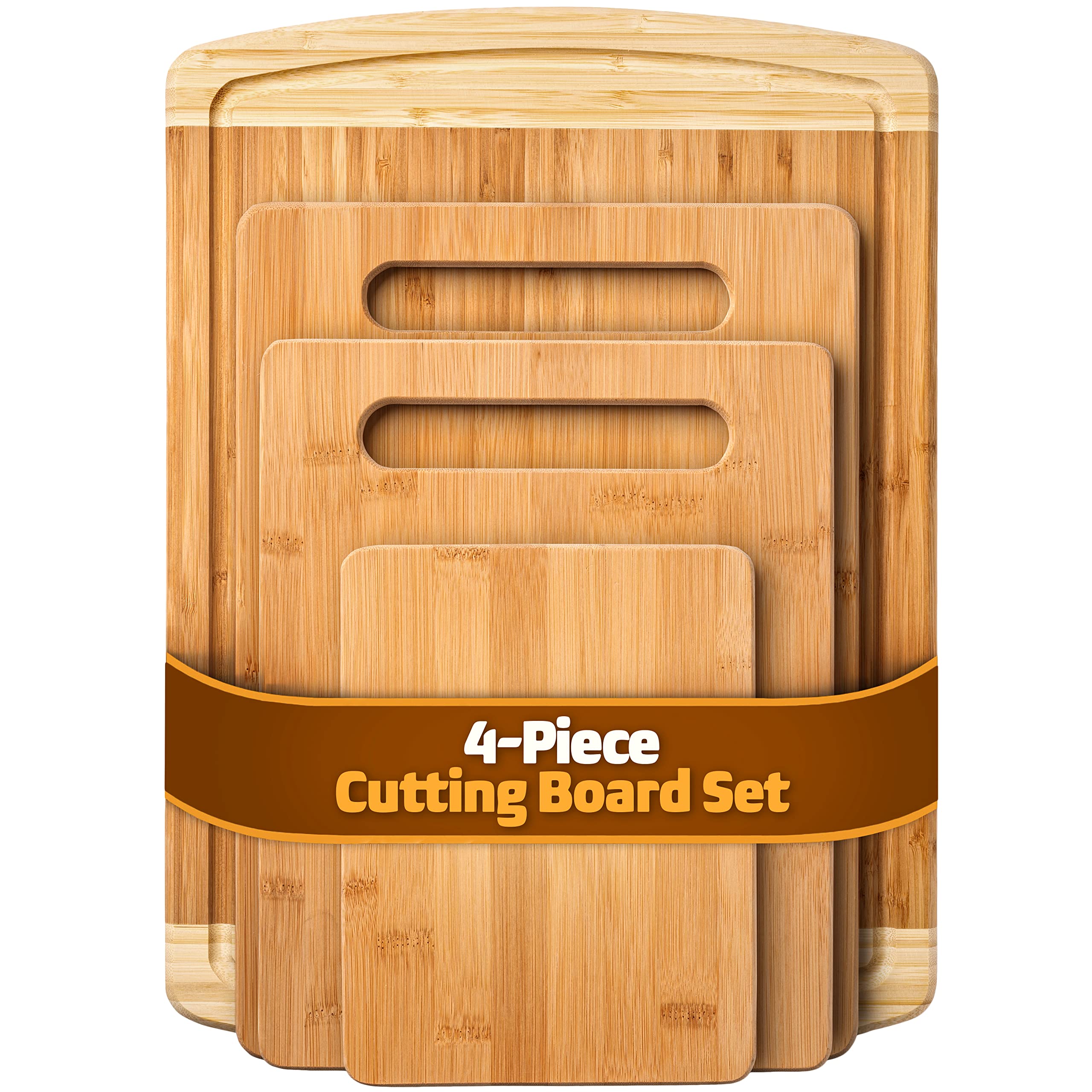 Premium Bamboo Cutting Board Set of 4 - Eco-Friendly Wooden Kitchen Chopping Boards with Juice Grooves - Perfect for Meat, Cheese, Vegetables & Charcuterie - Ideal for Food Prep, Butcher Block & Entertaining
