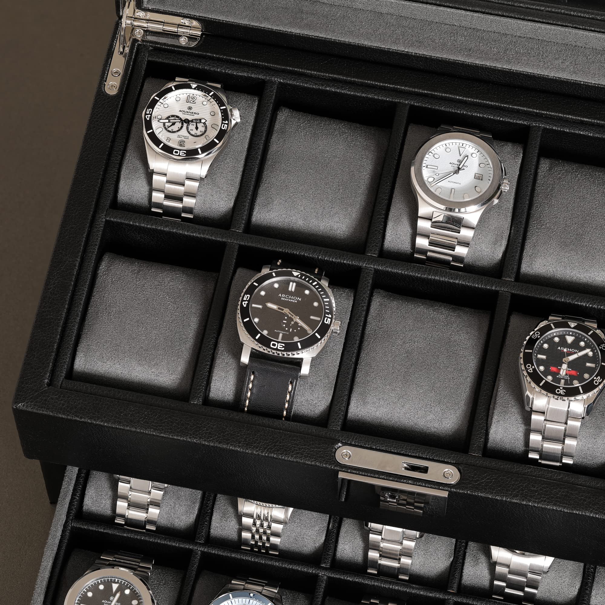 ROTHWELL 20 Slot Leather Watch Box - Premium Jewelry Organizer with Locking Display Case & Real Glass Top - Luxury Watch Storage for Men & Women (Black/Grey) - Perfect for Home, Office & Travel Accessory Organization
