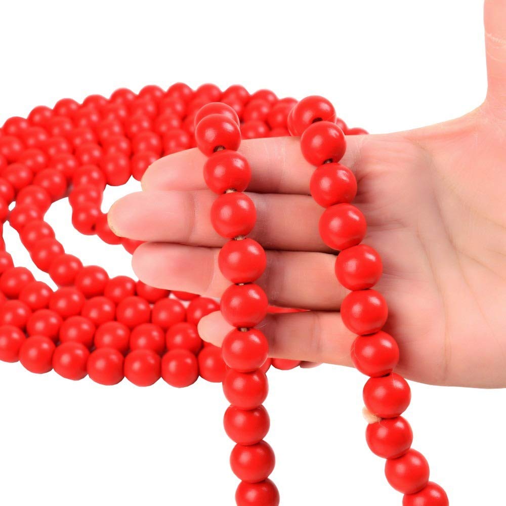 Bright Red Wooden Bead Garland - 4.6ft Christmas Tree Decoration for Holiday Home Decor, Xmas Party & Festive Mantel Display