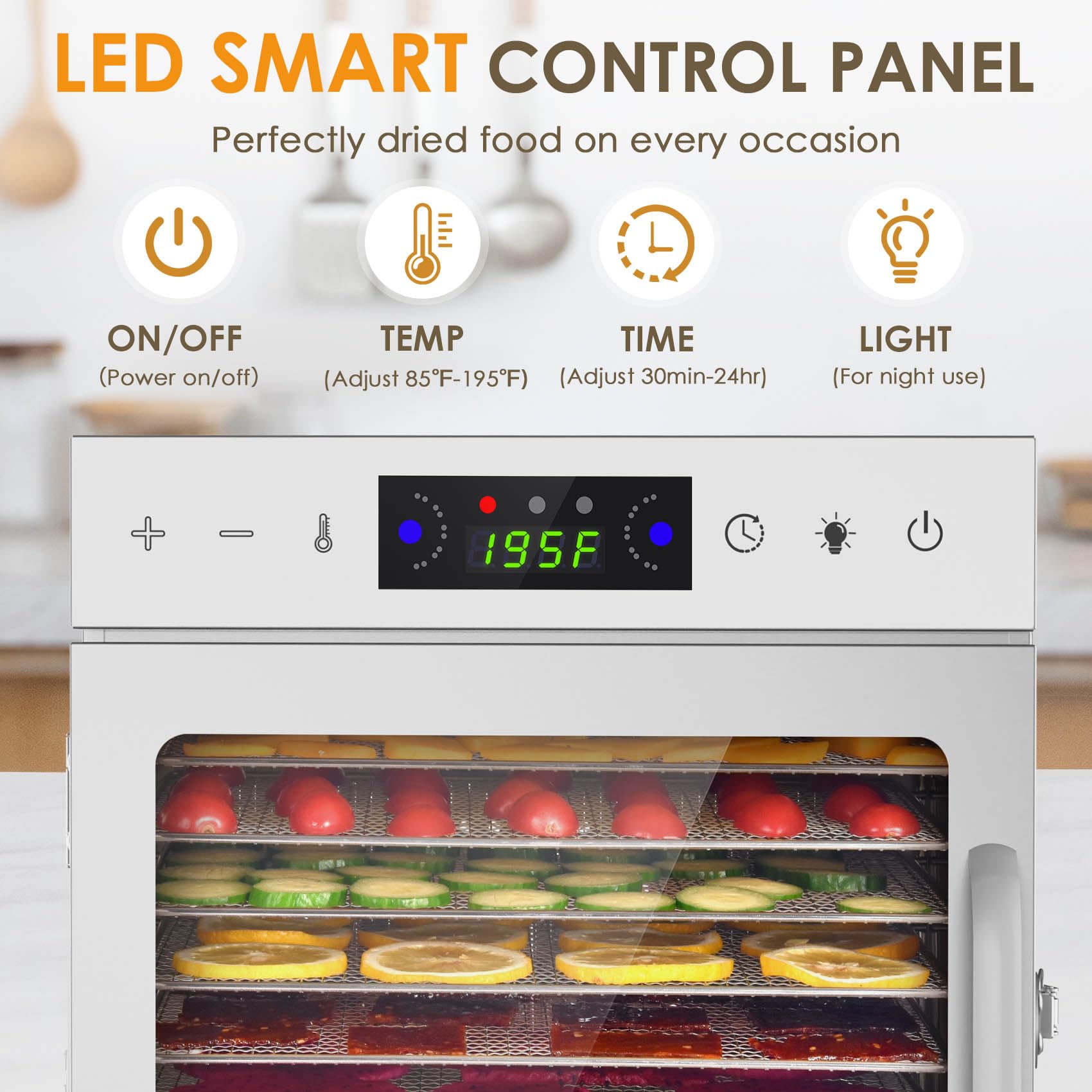 HOPERAN 8-Tray Stainless Steel Food Dehydrator Machine - Digital Timer & Temperature Control for Jerky, Herbs, Fruits - Overheat Protection with Free Recipe Book - Perfect for Home Kitchen, Camping & Healthy Snacks