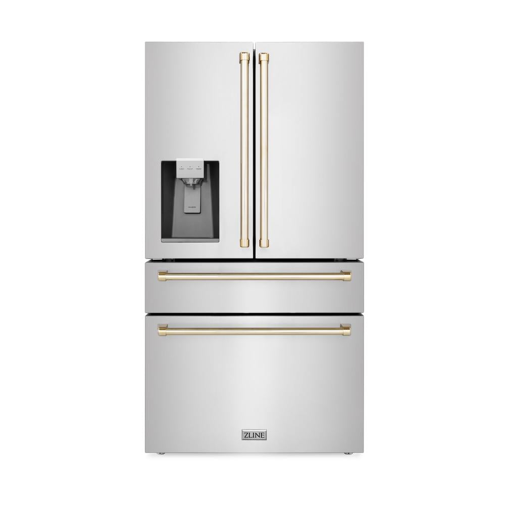 ZLINE Autograph Edition 36-inch Stainless Steel Dual Fuel Range Kitchen Package with Range Hood, Dishwasher & Refrigerator - External Water Dispenser & Polished Gold Accents (4AKPR RARHDWM36 G) | Premium Kitchen Appliances for Modern Homes & Professional Chefs