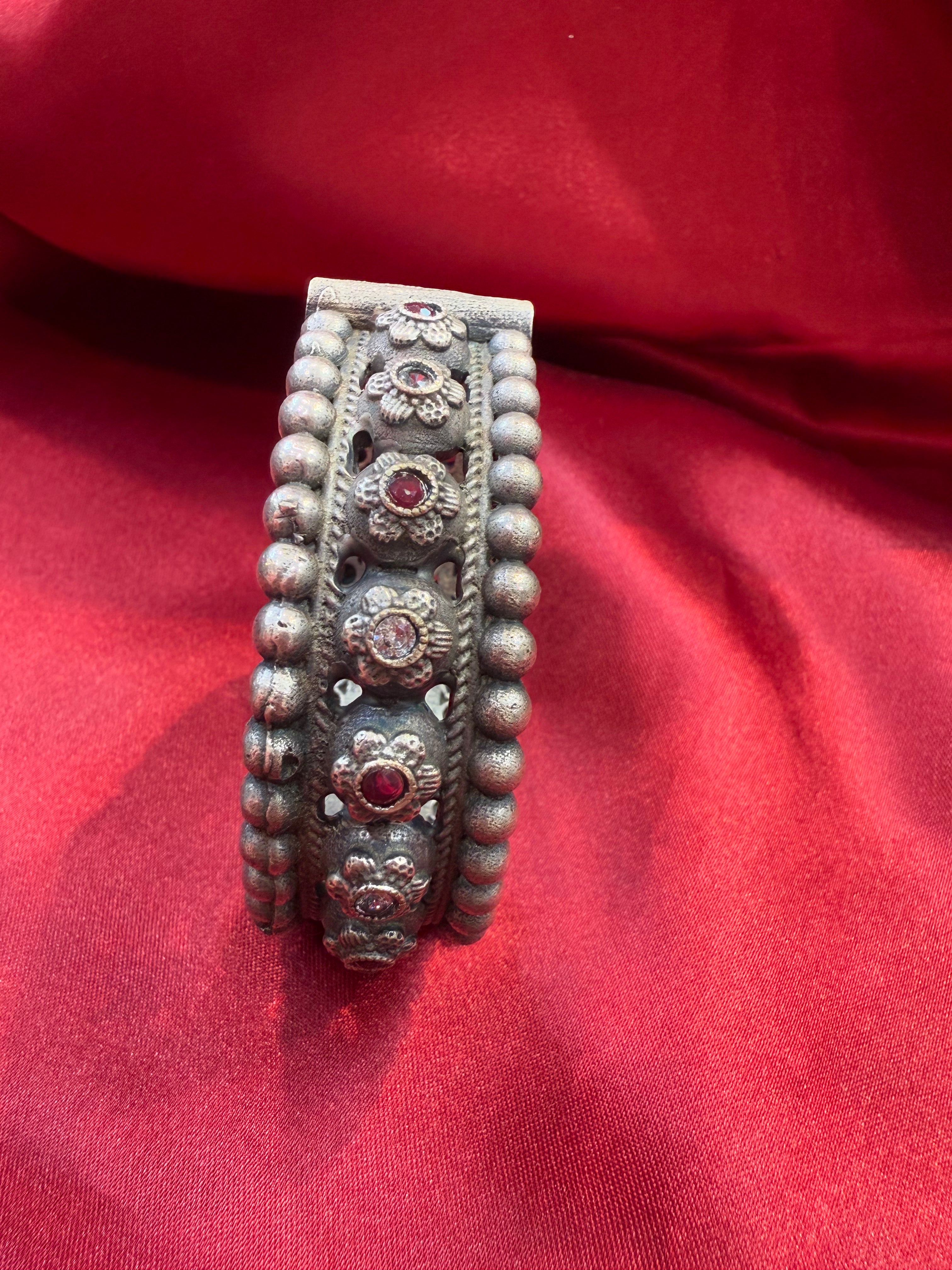 Handmade Tribal Oxidized Silver Ethnic Open Bridal Kada Cuff Bracelet with Maroon & White Stones - Perfect for Weddings, Boho Fashion & Festival Jewelry