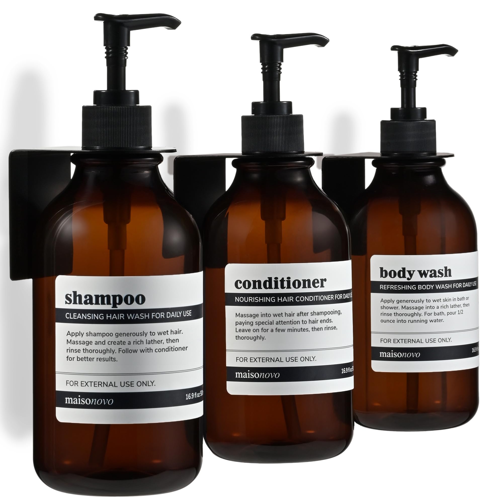 MaisoNovo 16.9 fl oz Shampoo & Conditioner Dispenser Set of 3 - Wall Mounted No Drill 3-Chamber Shower Soap Dispenser with Black Pump - Amber Plastic Bottles for Bathroom Organization & Spa-Like Experience