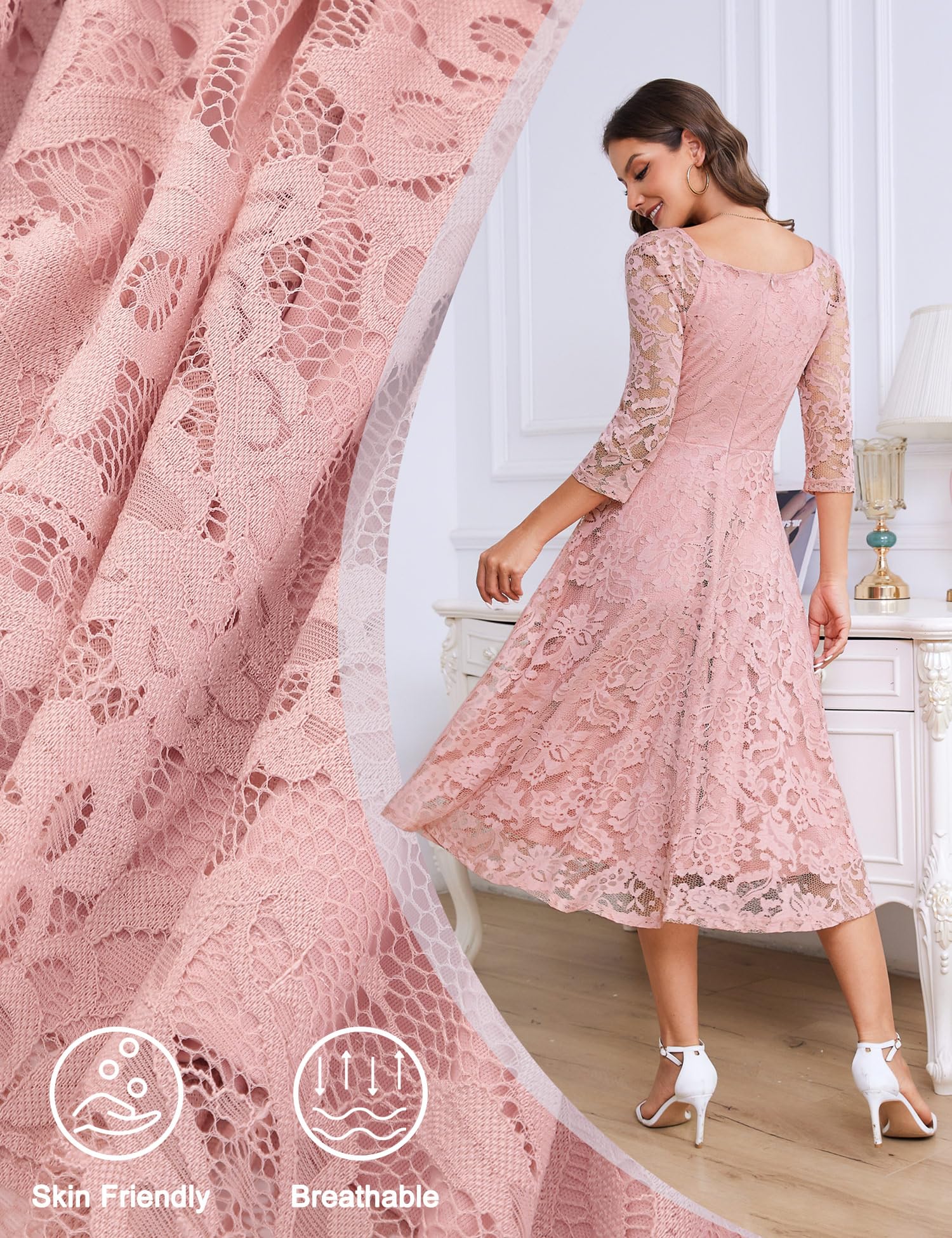 Elegant Long-Sleeve Lace Wedding Guest Dress for Women - A-Line Formal Cocktail Party Midi Gown | Perfect for Weddings, Proms, Galas & Special Occasions