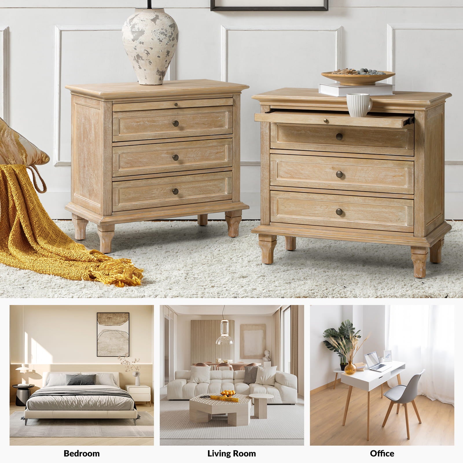 Galatea 3-Drawer Nightstand with USB Charging Ports & Power Outlets - Modern Bedside Table with Storage for Bedroom, Living Room or Office