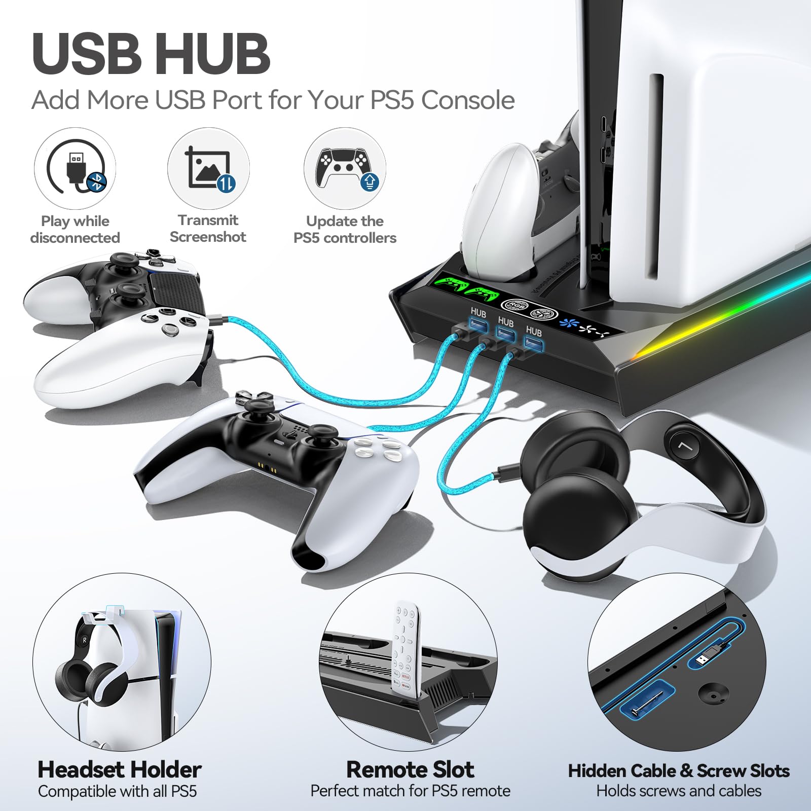 Rysker PS5/Slim/Pro Stand with Built-in 3-Level Cooling Fan & Fast Charger - Cooling Station for PlayStation 5 Disc & Digital Edition - Includes Safety Screw & Headset Holder - Perfect for Gaming Setup & Console Protection