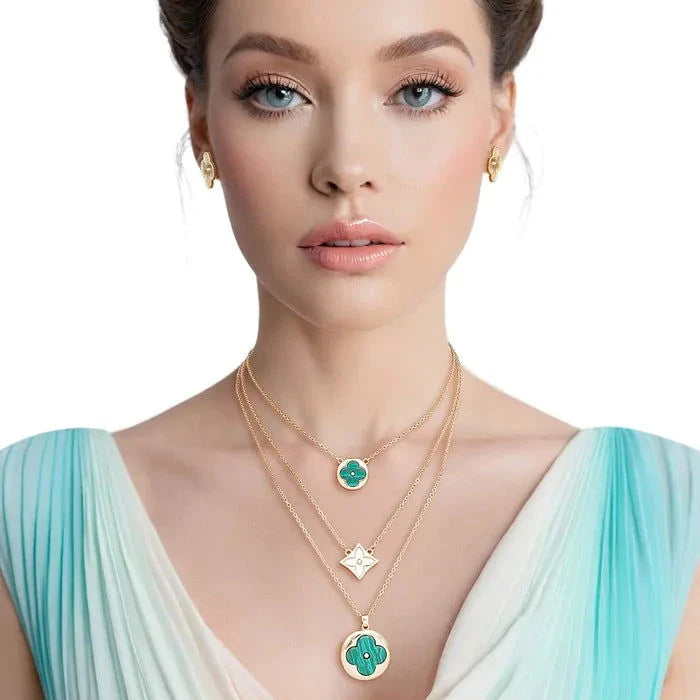 Elegant Gold Green Quatrefoil Layered Pendant Necklace for Women - Perfect for Parties, Weddings & Everyday Wear