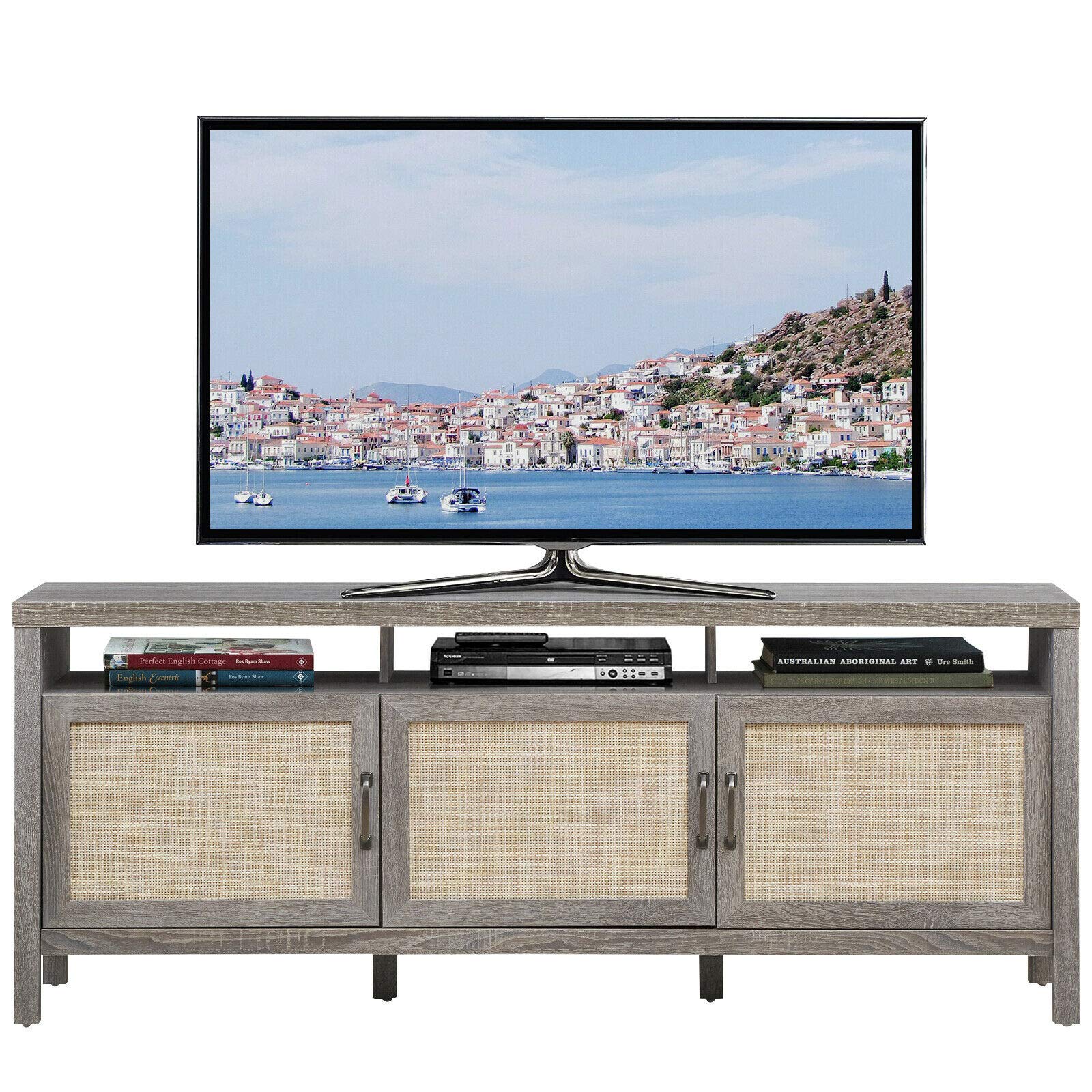 HPW Grey Oak TV Stand Entertainment Center with Open Shelf & 3 Storage Cabinets - Holds 65