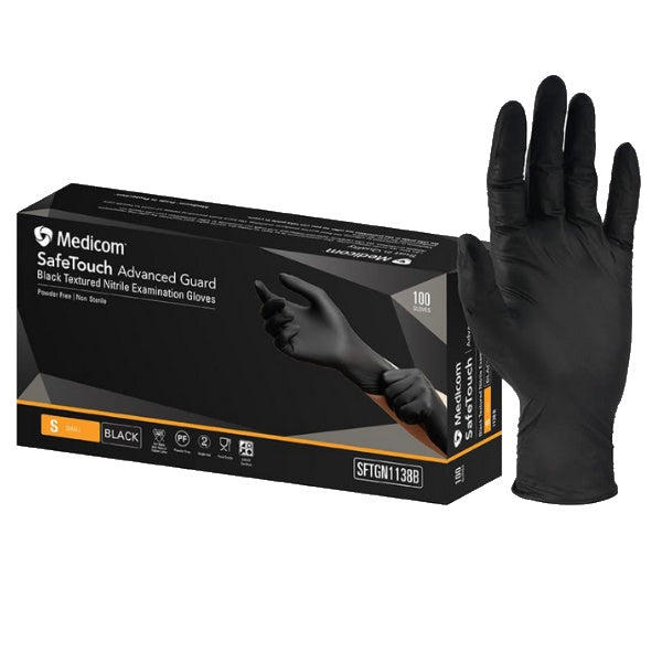 Medicom SafeTouch Nitrile Disposable Gloves - Black, Powder Free, Latex Free, 100 Pcs/Box - Ideal for Medical, Food Handling, Cleaning & Tattoo Use
