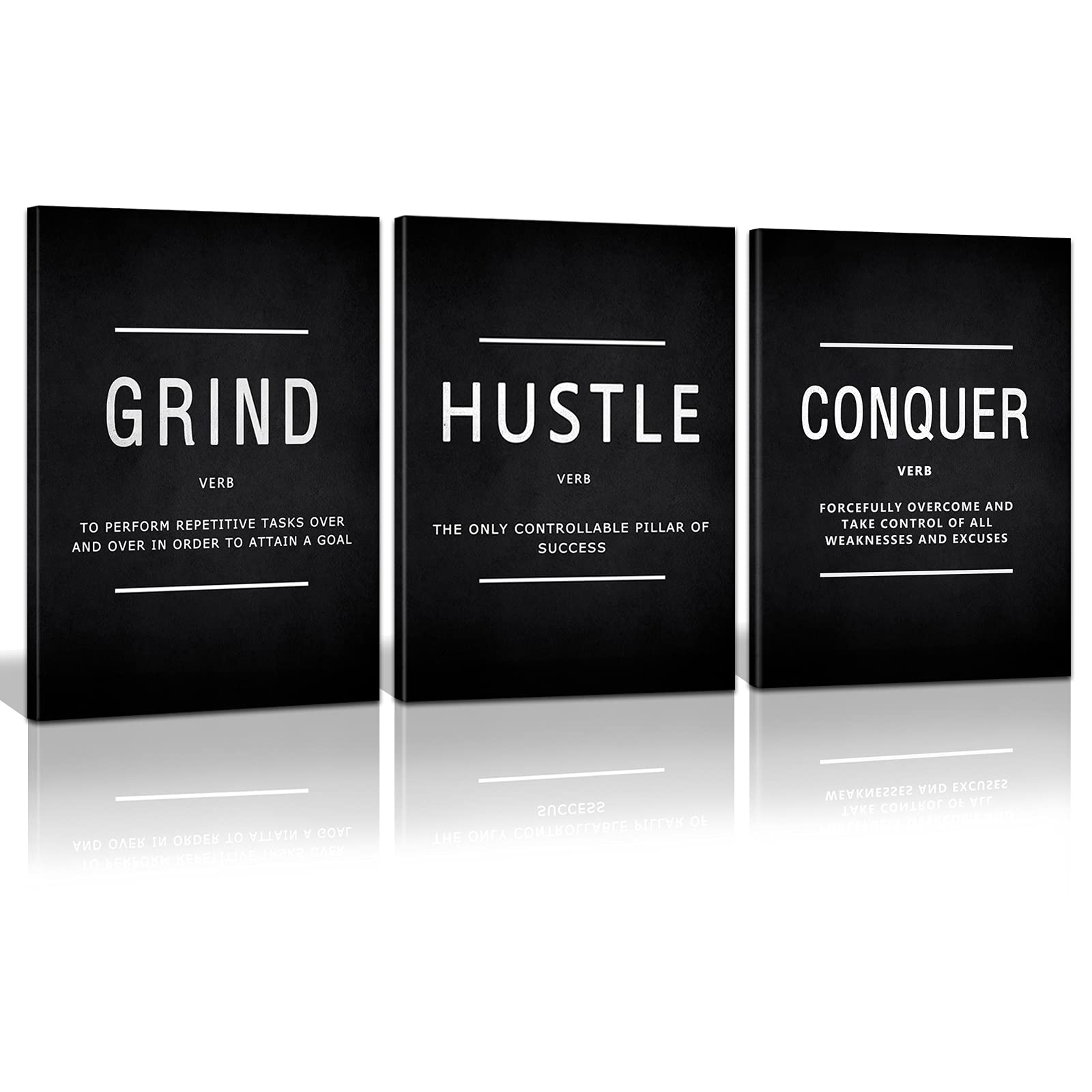 KAWAHONE Grind Hustle Conquer Motivational Wall Art - 3 Piece Framed Canvas Prints (16x24 Inch) for Home Office Decor, Workplace Inspiration & Success Quotes | Perfect for Living Room, Bedroom or Study Room