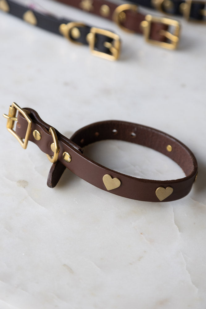 Premium Brown Leather Dog Collar with Heart Decor - Adjustable Sizes (XS-XL) for Small to Large Dogs | Perfect for Walks, Training & Fashion Accessories