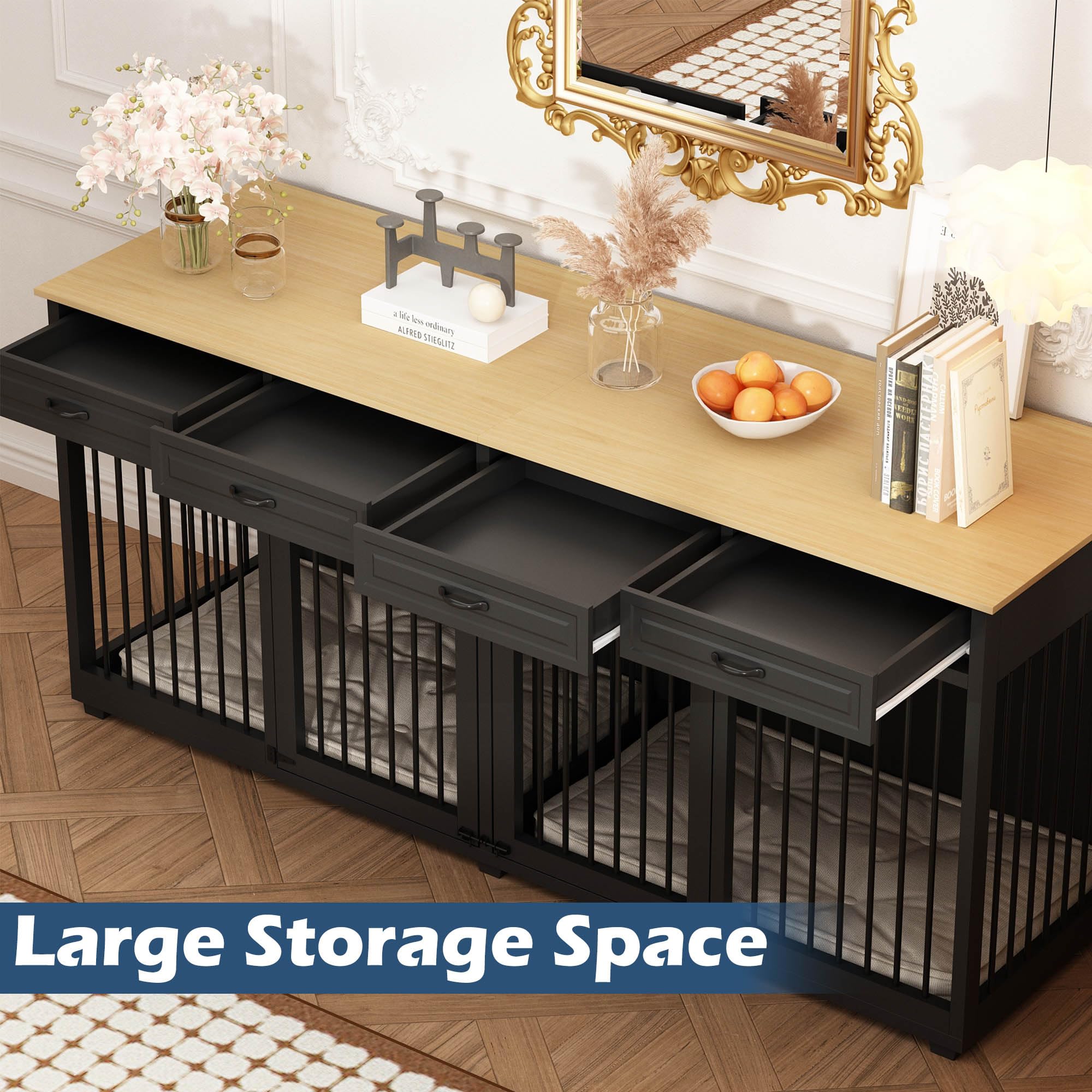 86.6 Inch Large Dog Crate Furniture - Heavy Duty Wooden Dog Kennel with Drawers & Divider, Indoor Dog House with Double Rooms for Large Medium Small Dogs - Perfect for Living Room, Bedroom or Home Office (Black)