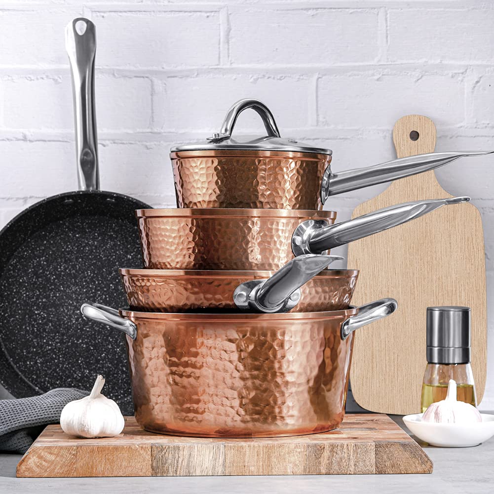 Fit Choice 8-Piece Hammered Copper Cookware Set - Nonstick Pots & Pans with Aluminum Core for Even Heating - Dishwasher Safe & Compatible with All Cooktops (Gas, Electric, Induction) - Perfect for Sautéing, Boiling, Frying & Everyday Cooking