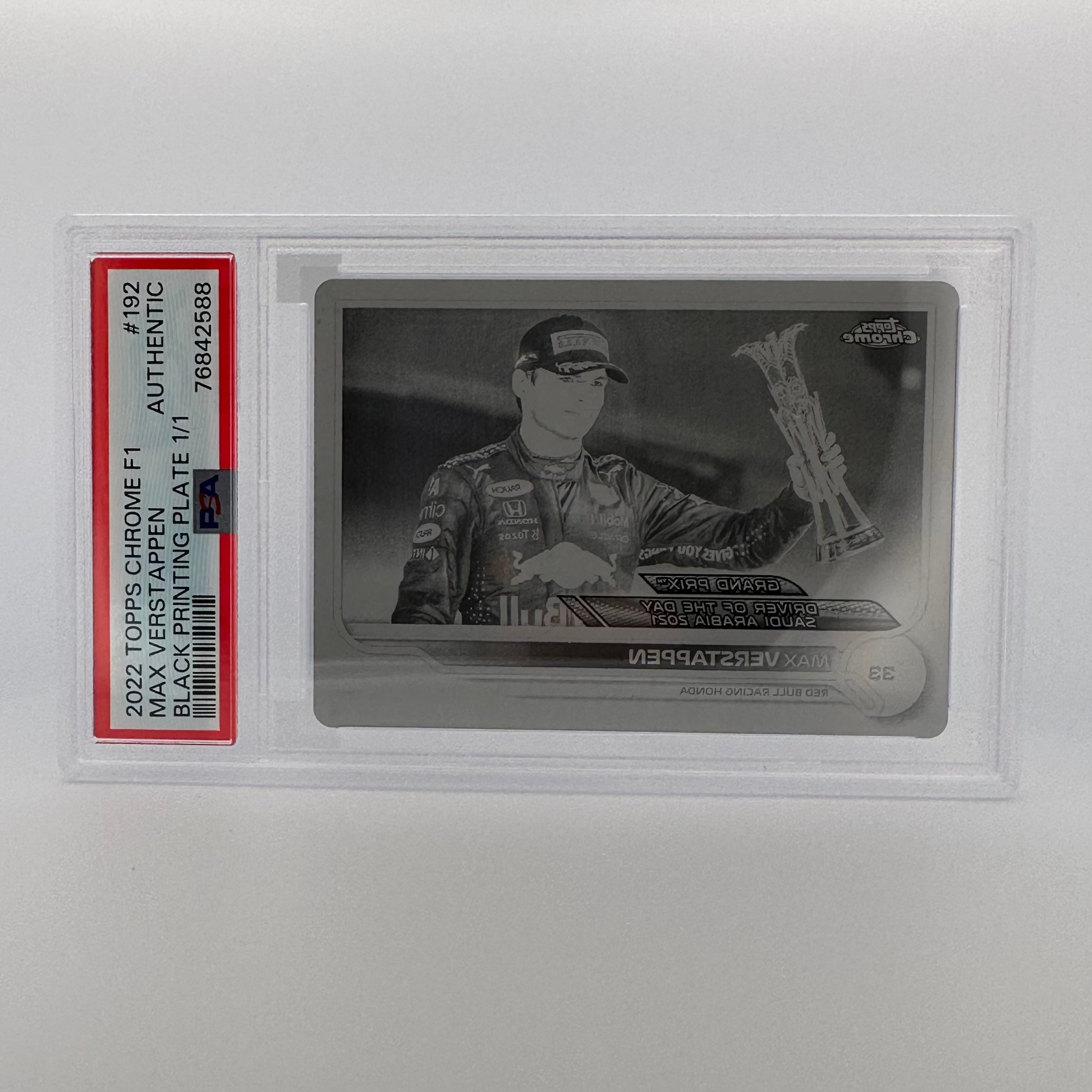 PSA Authentic 1/1 Max Verstappen #192 Black Printing Plate - Rare Collectible for F1 Racing Fans & Sports Memorabilia Enthusiasts - Perfect for Display, Trading Cards Collection, and Man Cave Decor