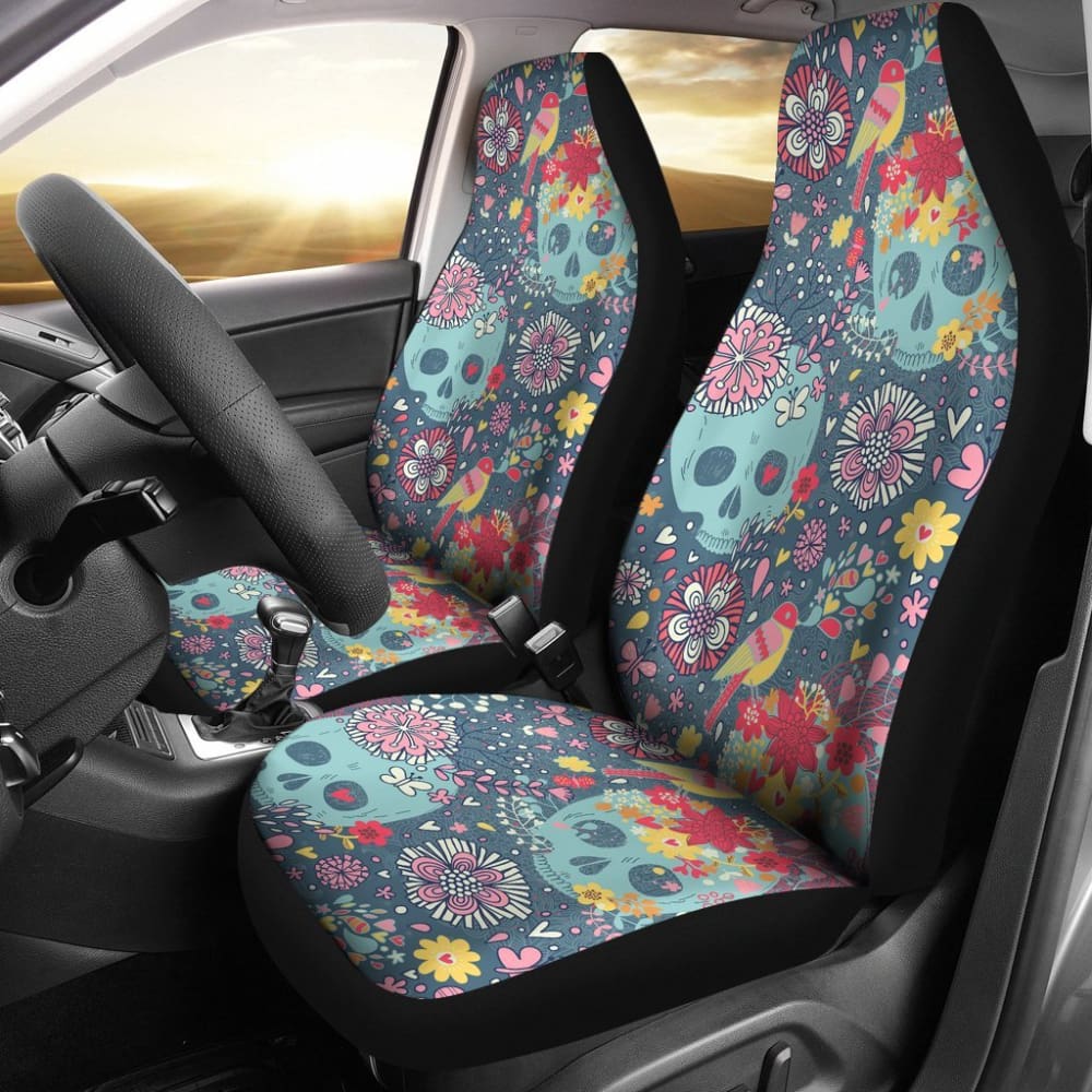 2 Pcs Floral Sugar Skull Car Seat Covers - Day of The Dead Mexican Style Decor for Cars, Trucks & SUVs - Perfect for Halloween, Dia de Los Muertos Celebrations and Gothic Home Decor