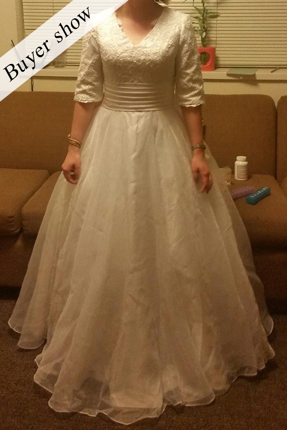 Elegant Modest Wedding Dress for Bride - V-Neck Long Sleeves Organza Gown with Floral Lace Appliques | Perfect for Church, Beach, and Garden Weddings