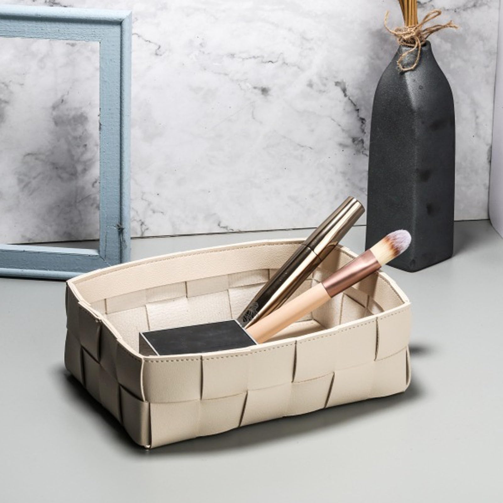 2-Pack Leather Desk Organizer Tray - Stylish Nightstand & Entryway Table Storage Basket for Makeup, Keys, Jewelry - Perfect for Home Office & Bedroom (Black + White)
