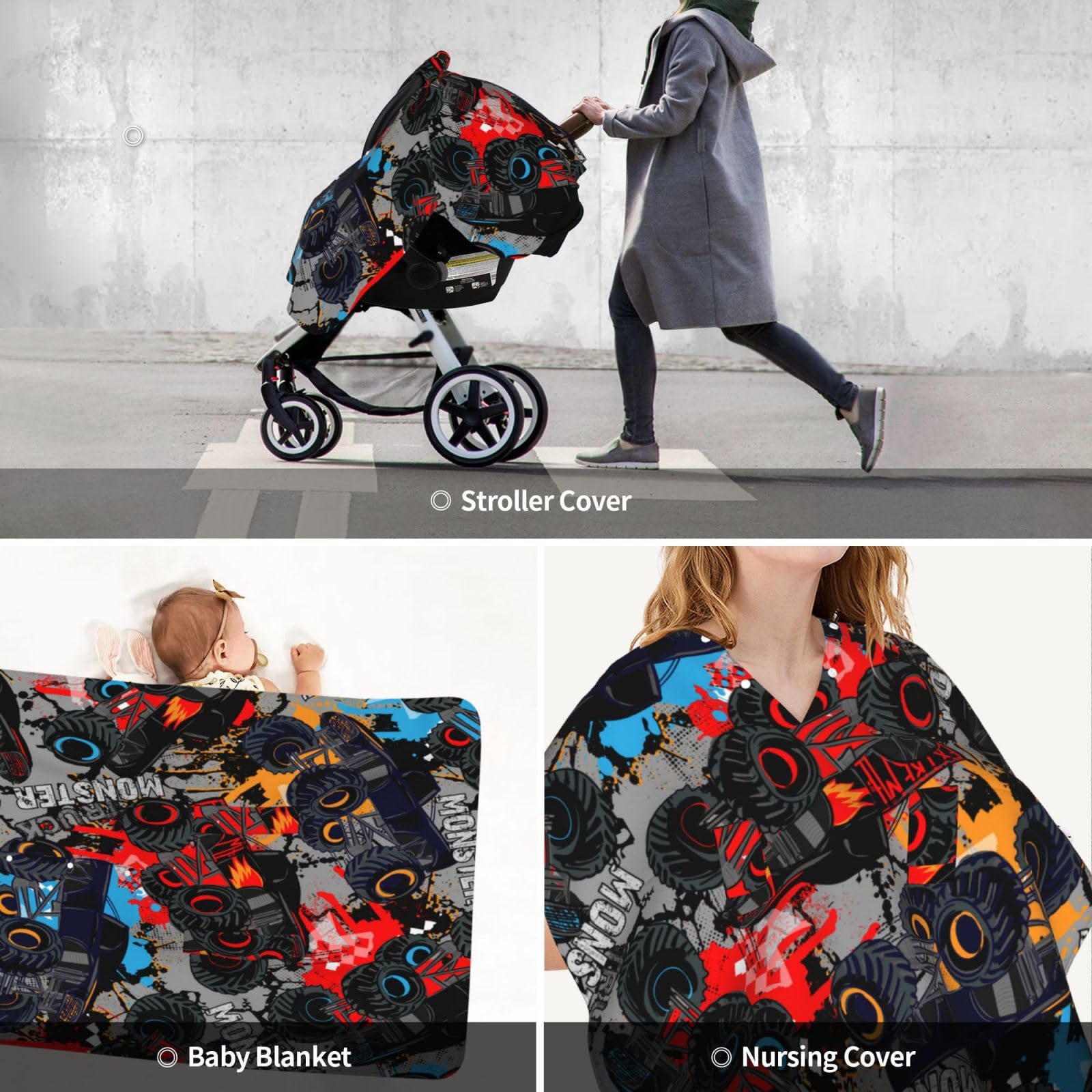Monster Truck Baby Car Seat Cover with Peekaboo Opening - Nursing Car Seat Canopy for Infants & Newborns - Perfect for Travel, Road Trips, and Daily Commutes