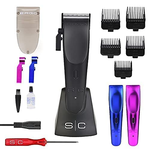 StyleCraft Ergo Professional Microchipped Magnetic Hair Clipper Set - 5 Guard Combs, Charging Stand & 3 Customizable Lids (Black, Pink, Blue) | For Men's & Women's Haircut, Beard Trimming & Pet Grooming at Home or Salon