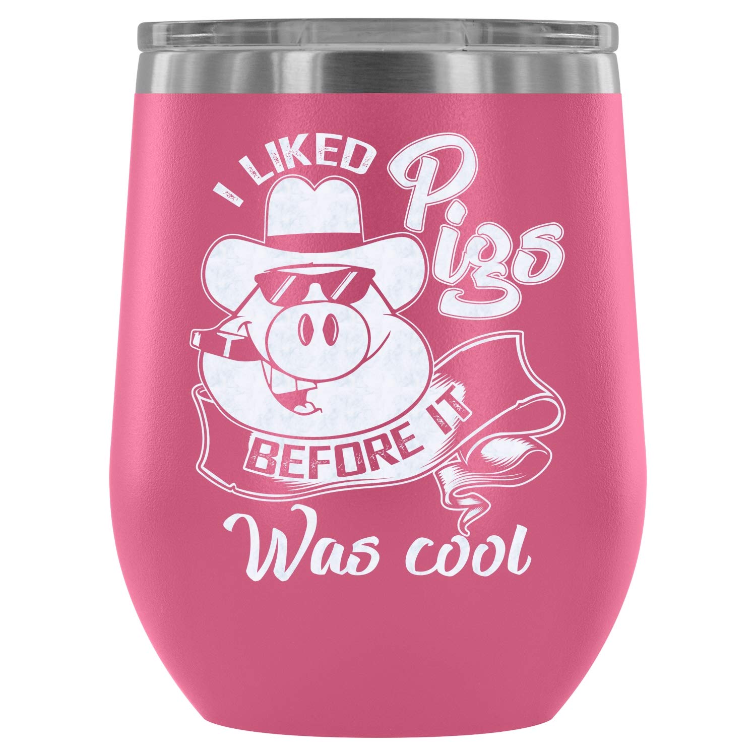 Stainless Steel Vacuum Insulated Stemless Wine Tumbler - 12oz Pink Pig Design, Double Wall Insulation for Hot & Cold Drinks - Perfect for Wine Lovers, Outdoor Picnics, and Gift Giving