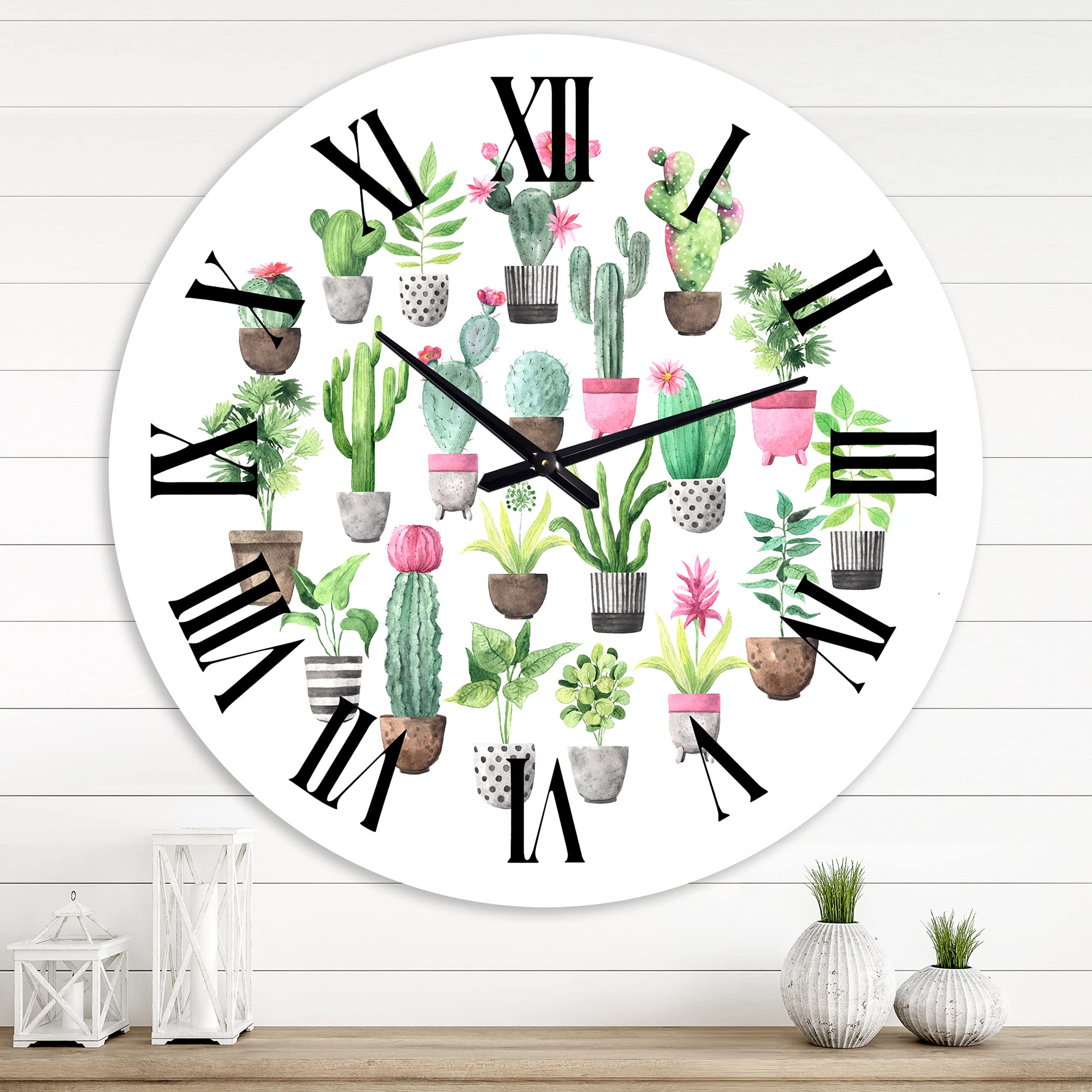 DesignQ Traditional Wall Clock - Cacti in Ceramic Pots in Gentle Tones II - Large Floral Botanical Wall Clock for Kitchen, Living Room, Bedroom & Office Decor | Perfect Home & Office Gift Idea