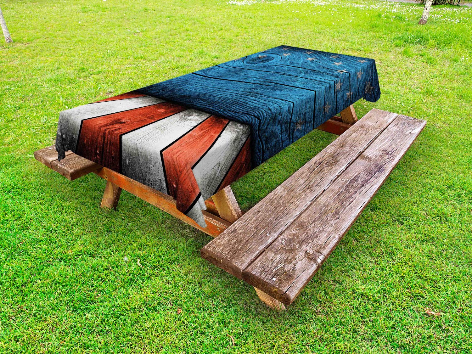 Ambesonne Prehistoric Country Outdoor Tablecloth - Rustic Wooden Pattern with American Flag Design, Washable Picnic Table Cover 58