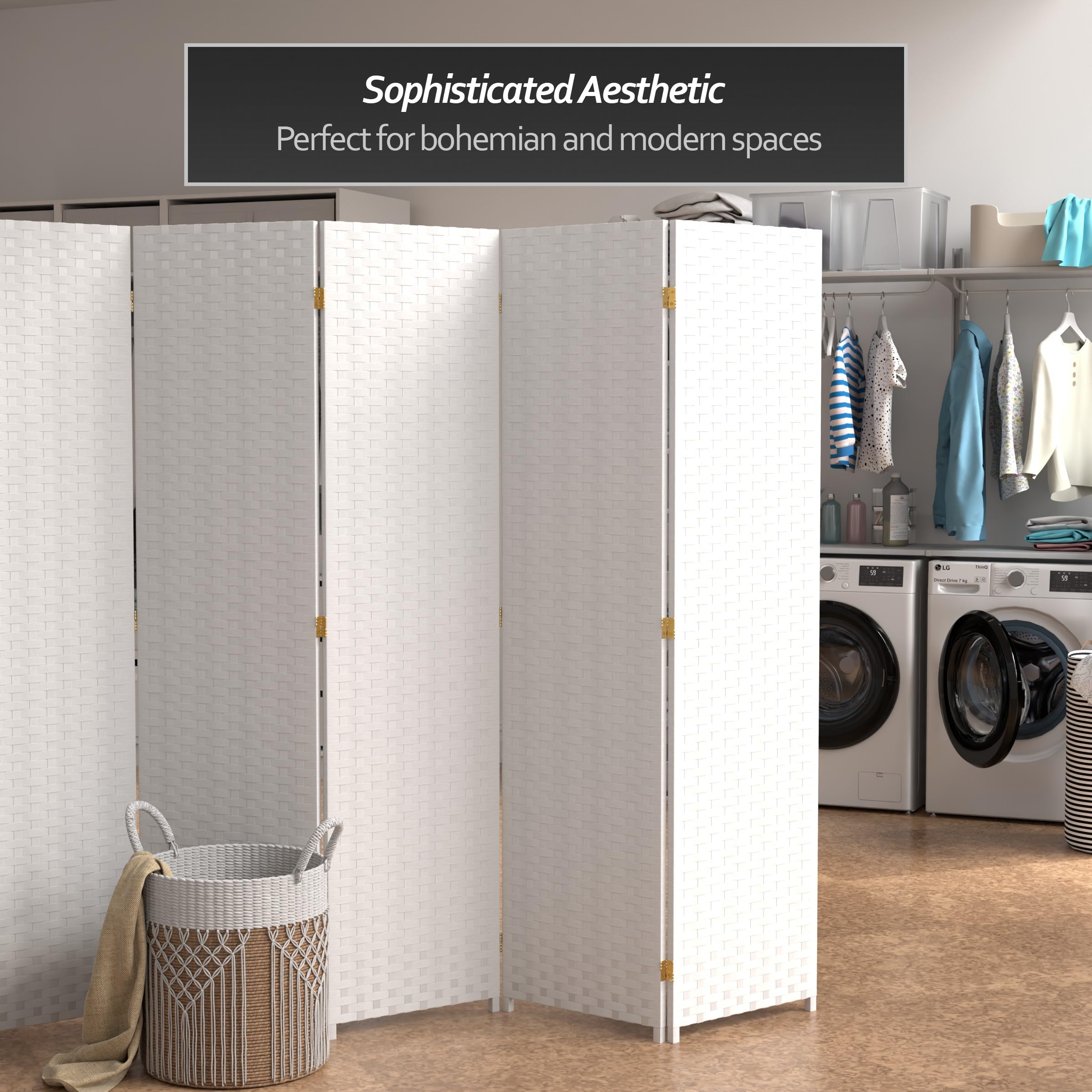 6 ft. Tall White Woven Fiber Room Divider - 5 Panel Red Lantern Design for Home Decor, Office Partition & Event Backdrop | Indoor Privacy Screen & Asian-Inspired Room Separator