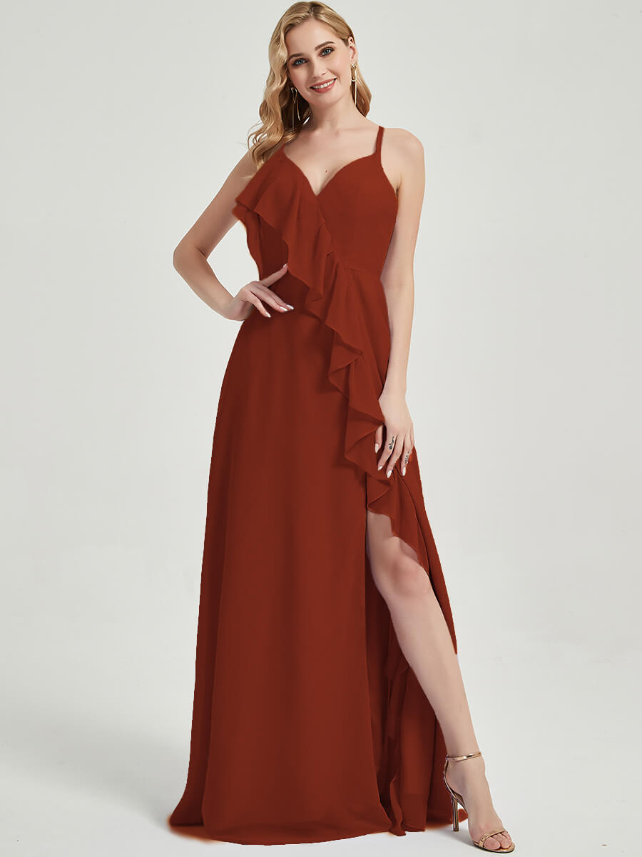 Elegant Rusty Red Chiffon Maxi Bridesmaid Dress with Criss Cross Straps, Ruffles & High Slit - Perfect for Weddings, Formal Events & Evening Parties