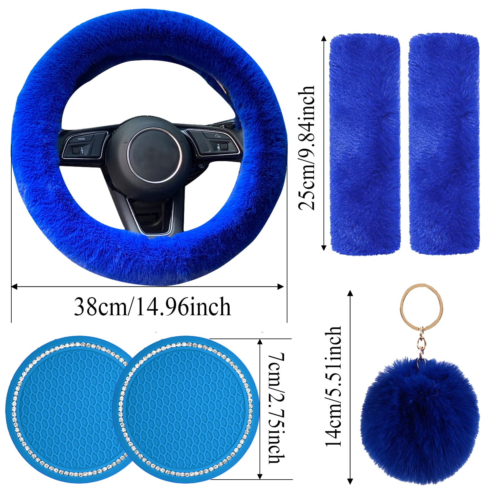6pcs Fluffy Steering Wheel Cover Set for Women with Shoulder Straps, Faux Fur Keychain & Bling Car Coasters, Universal 15Inch Royal Blue Car Interior Decor for Winter Comfort & Stylish Driving