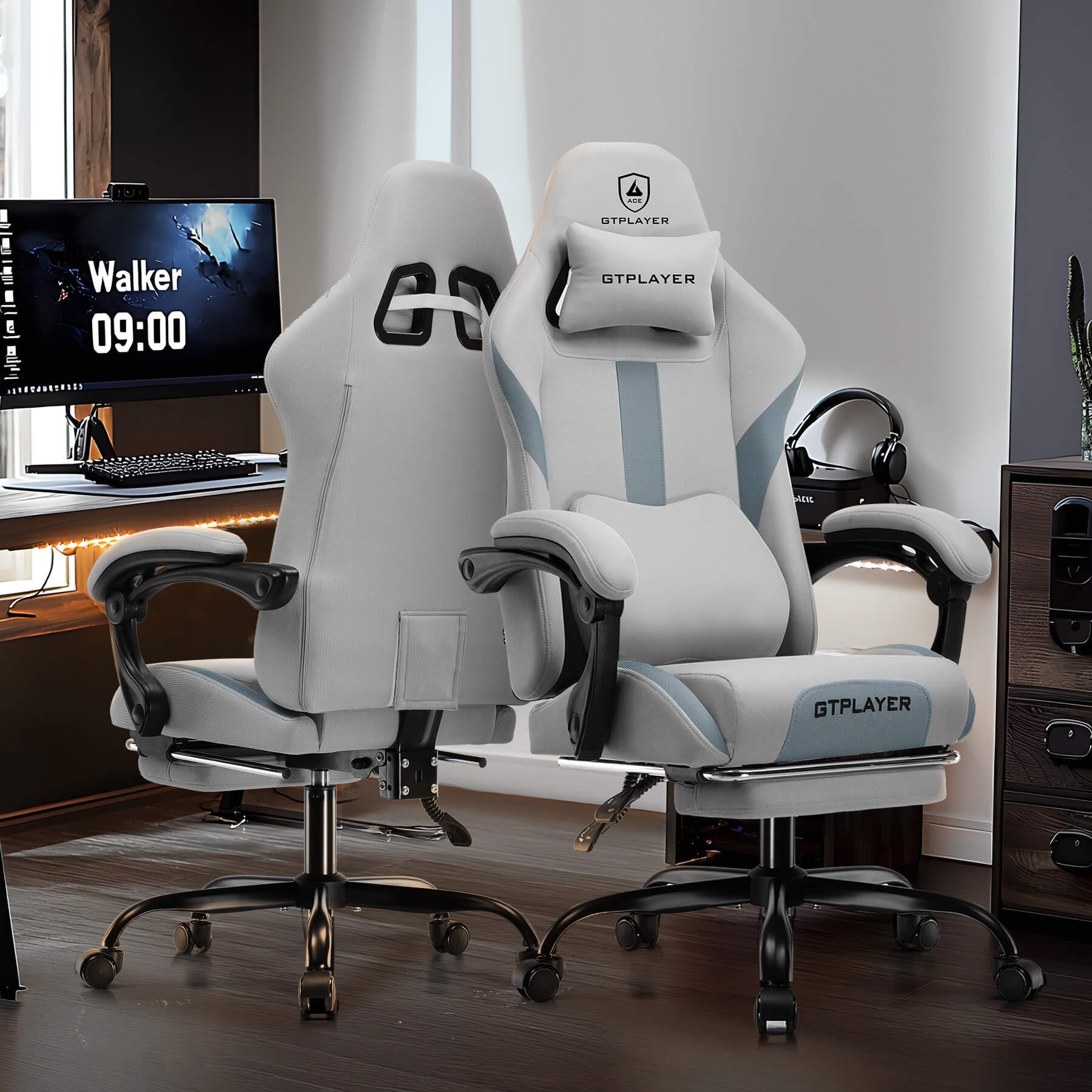 GTRACING Ergonomic Gaming Chair with Footrest & Pocket Spring Cushion - High Back Office Chair with Adjustable Headrest & Lumbar Support - Breathable Fabric Computer Desk Chair for Adults (Gray) - Perfect for Gaming, Working & Home Office Use