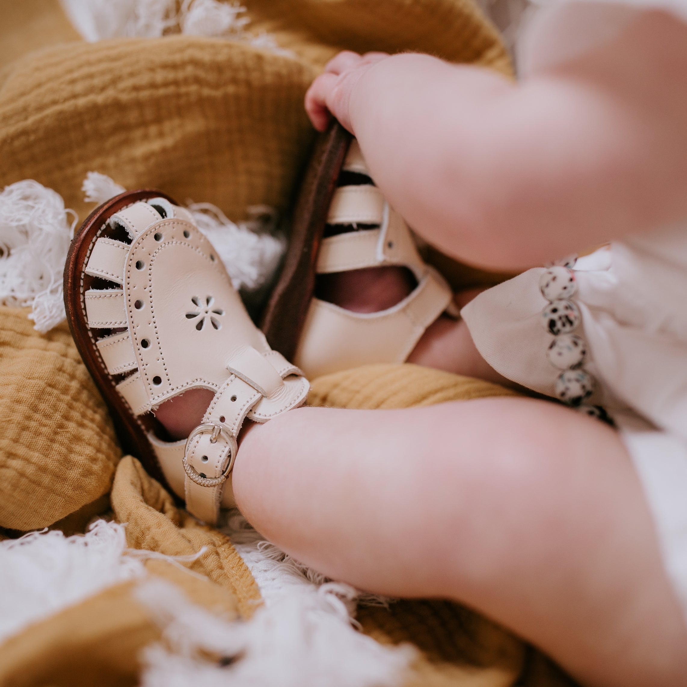 Kids Leather Sandals | Cream Flora Comfortable Summer Sandals for Boys & Girls | Perfect for Beach, Park & Outdoor Play