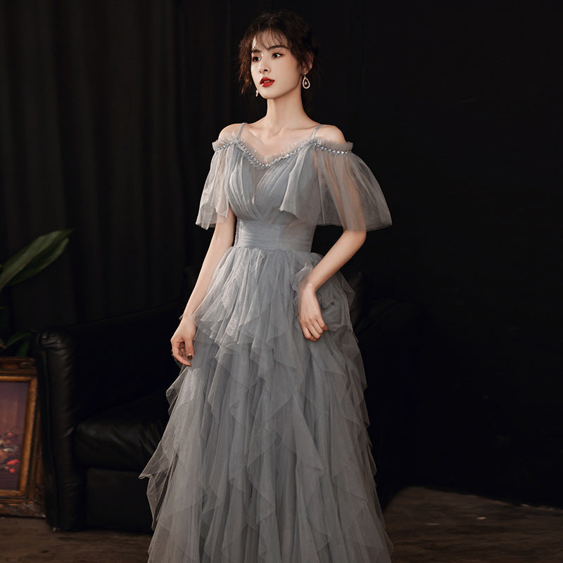 Elegant Gray Tulle Long Prom Dress - A-Line Evening Formal Gown 302 for Homecoming, Wedding & Special Occasions