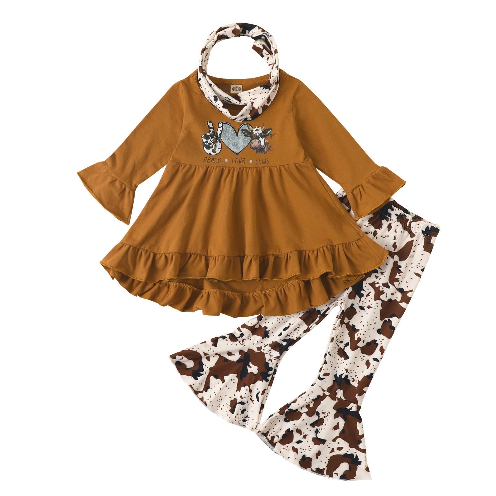 Girls' Ruffled Long Sleeve Top & Flared Print Pants Set with Headband - Toddler Bell Bottom Outfit for Playdates, Parties & Photoshoots